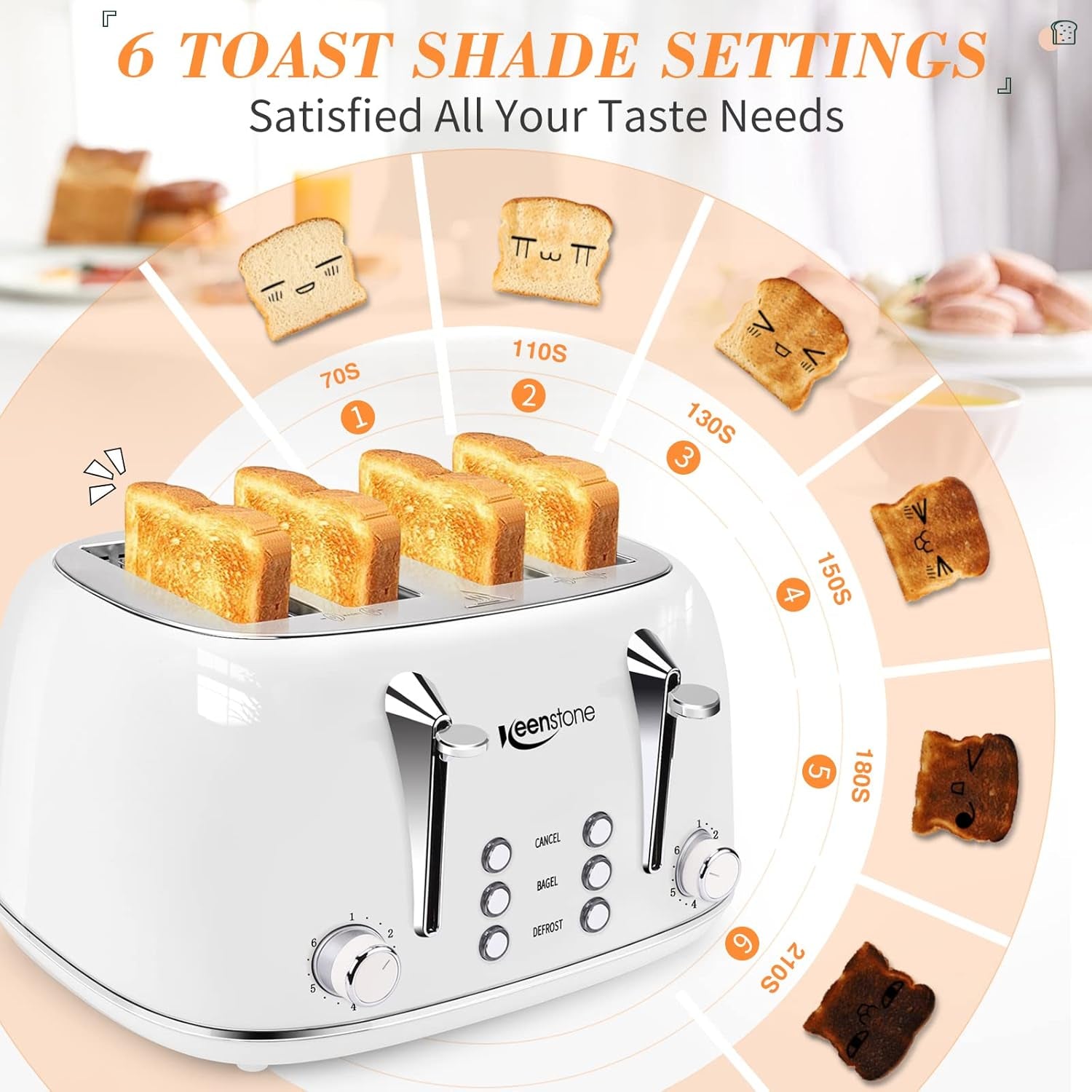 Toaster 4 Slice Stainless Steel Toaster with Bagel, Cancel, Defrost Function,  4 Slice Toaster with Removable Crumb Tray, 4 Extra Wide Slots, 6 Shade Settings, White