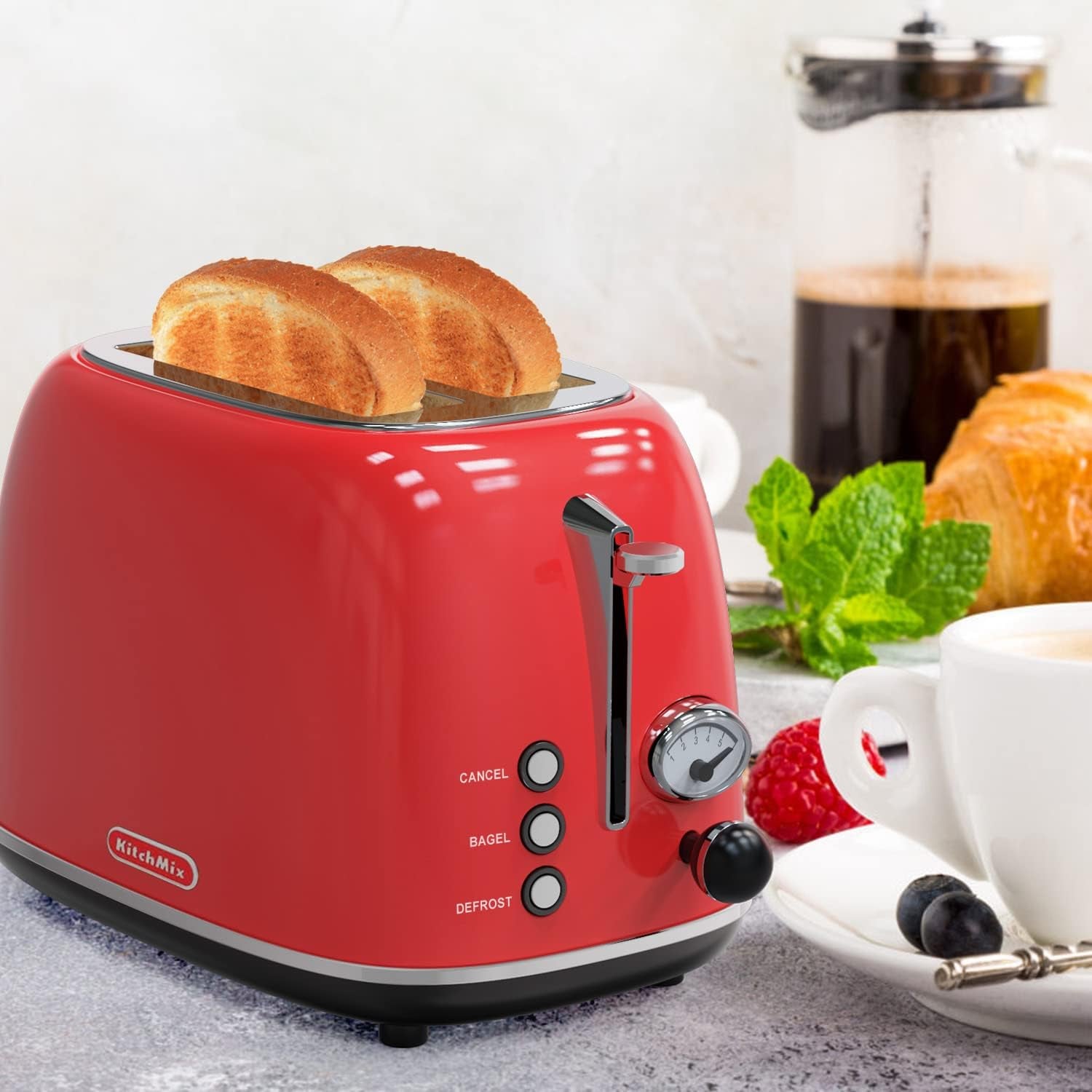 Retro Red 2-Slice Stainless Steel Toaster with 6 Settings, Extra Wide Slots, and Removable Crumb Tray