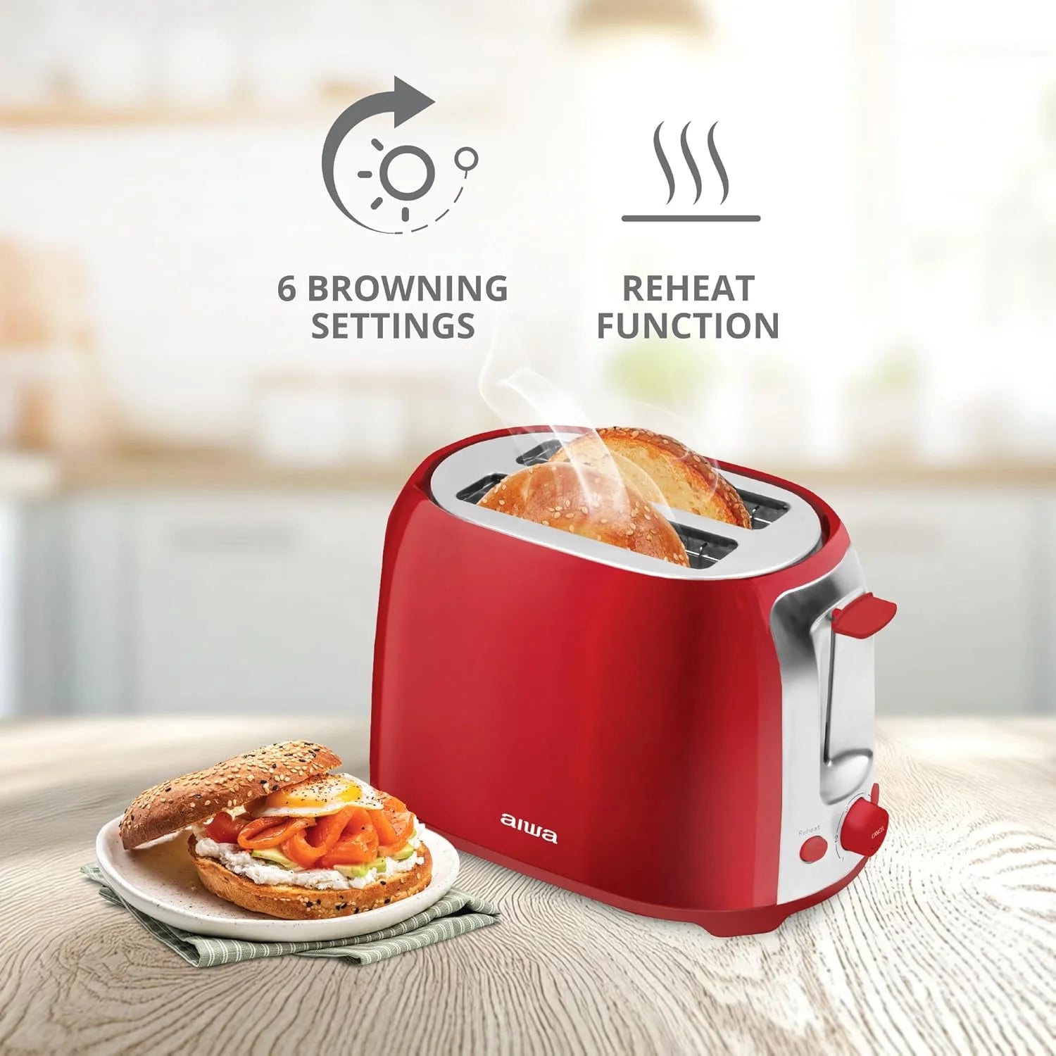 2-Slice Toaster with Wide Slots, 6 Browning Settings, and Crumb Tray, Red