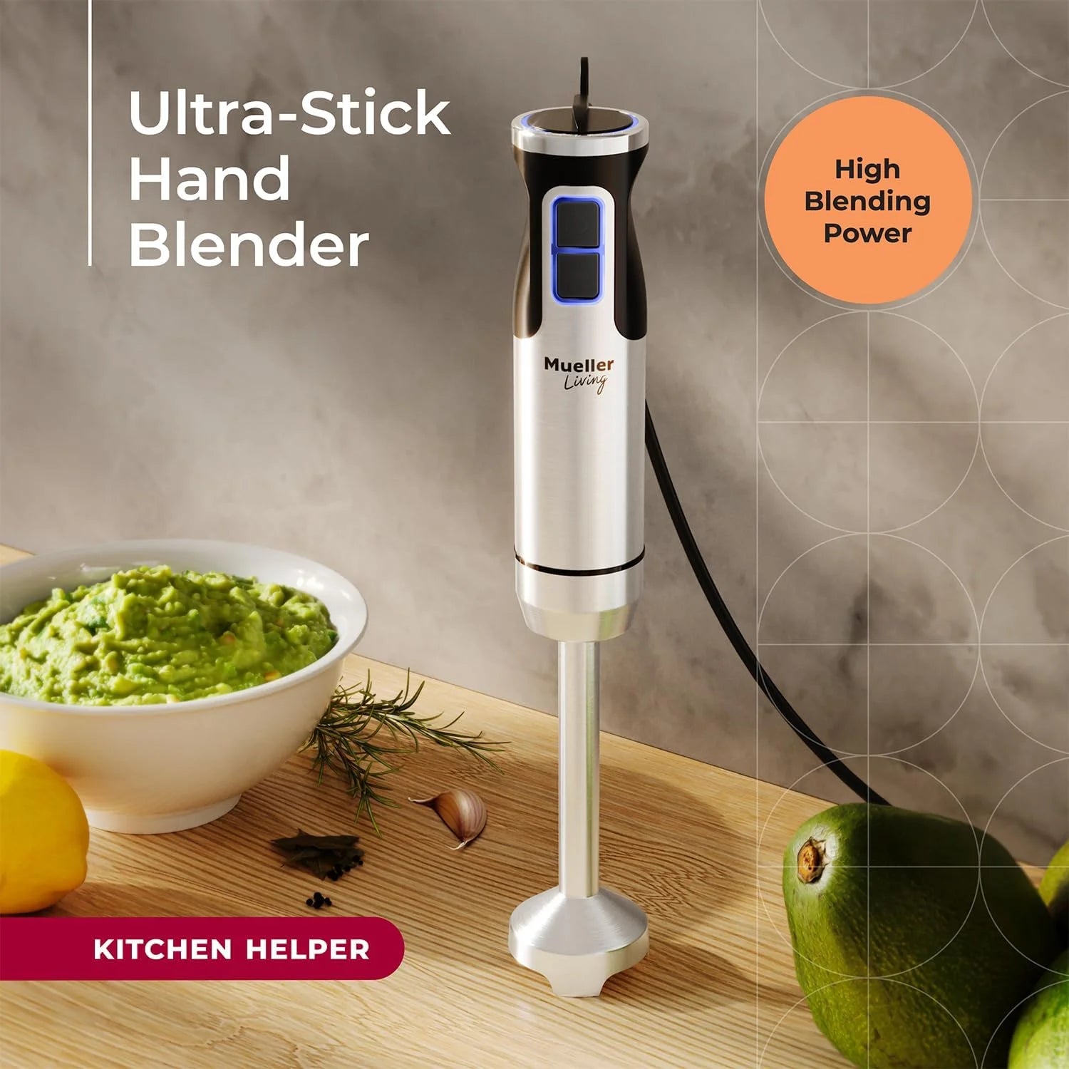 living 8-Speed Immersion Hand Blender - Powerful Stainless Steel Handheld Mixer with Turbo Mode