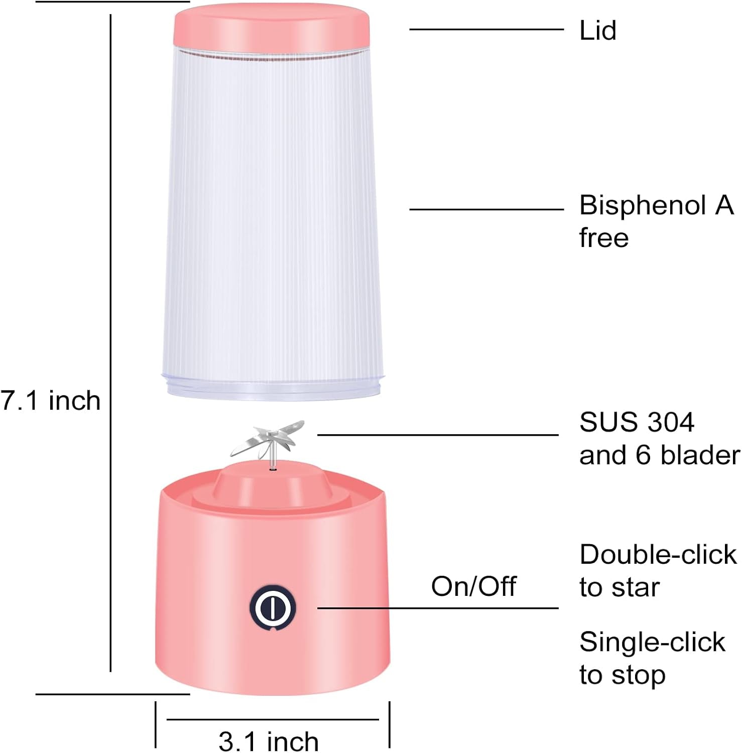 Pink Portable Blender - USB Rechargeable Smoothie Maker with 6 Blades, Perfect for Home, Travel, and Office – 11.8 Oz Personal Juicer Cup for Smoothies and Shakes