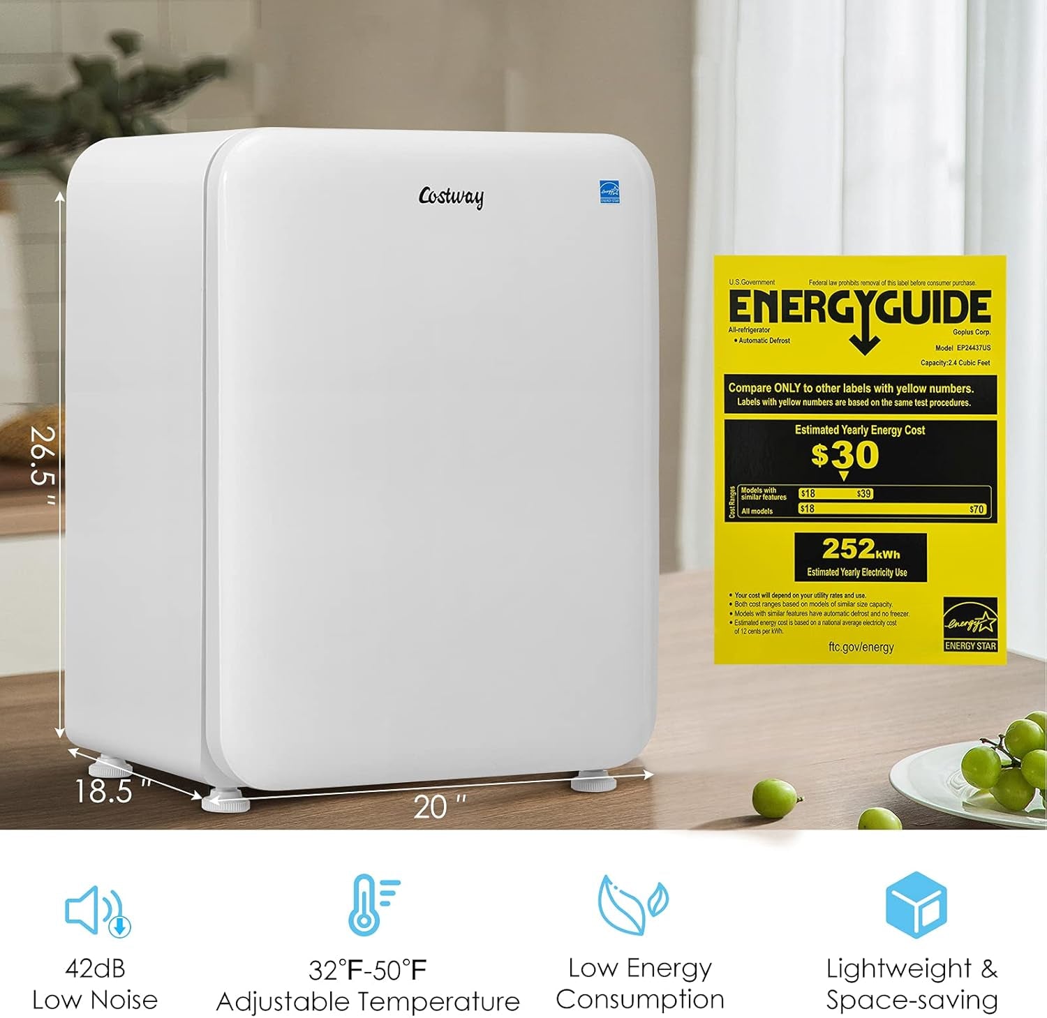 2.4 Cu Ft Compact Refrigerator - Energy Efficient Mini Fridge with Auto Defrost, Adjustable Temperature, Reversible Door & Removable Glass Shelves - Perfect for Apartments & Small Spaces - White