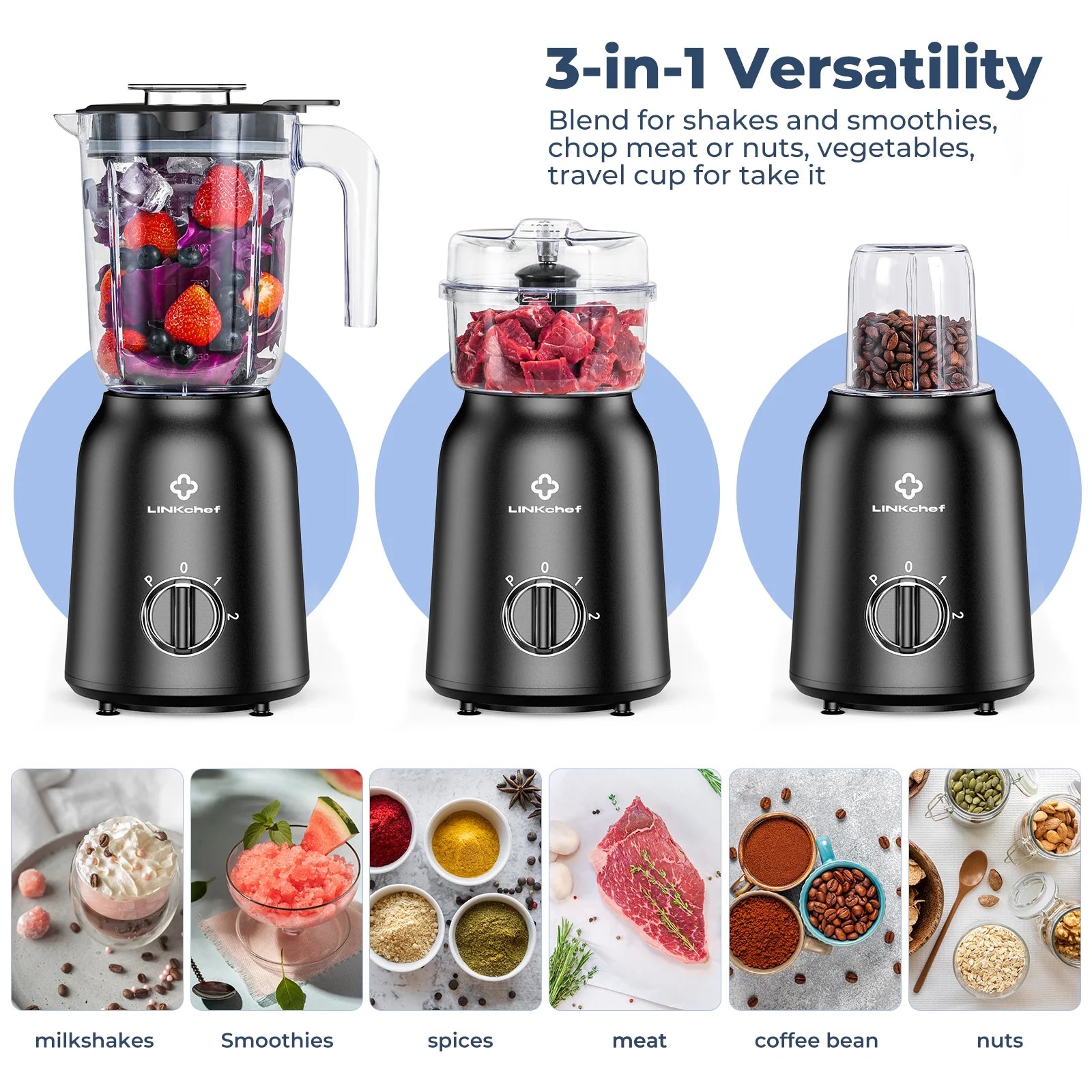 3-In-1 High-Power Blender: Shake, Chop & Grind with 500W, 50Oz Jar, 2 Speeds + Pulse Function
