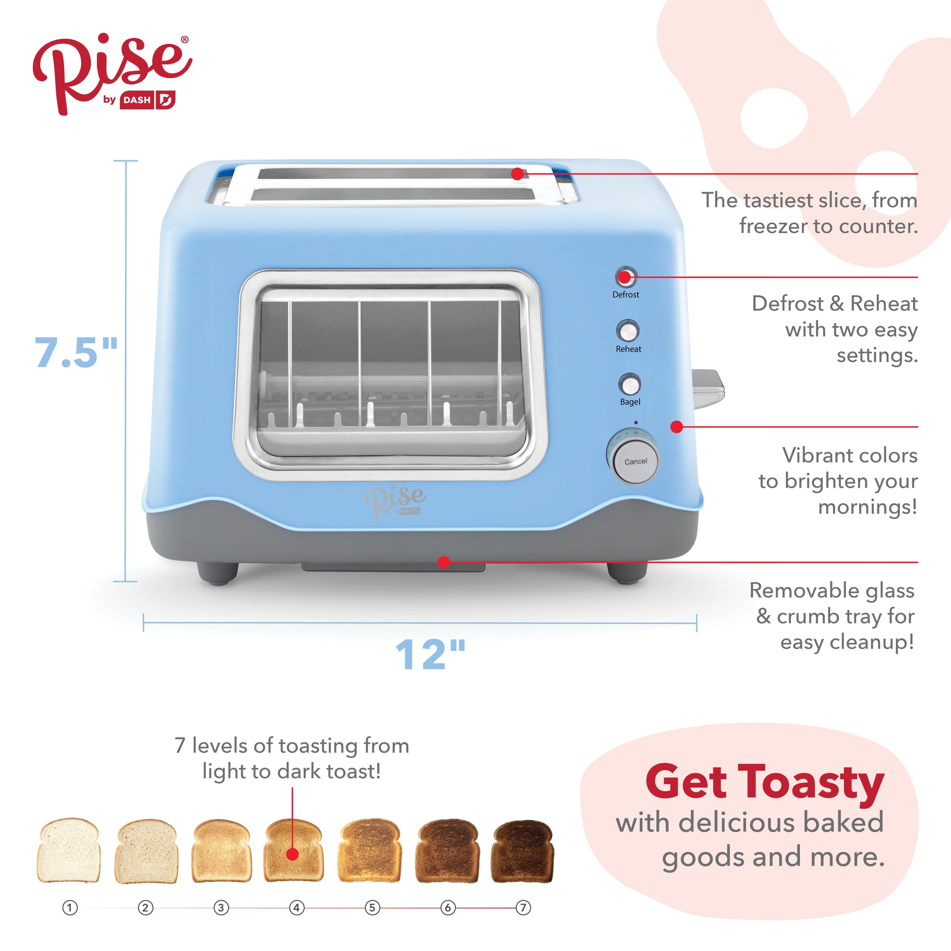 Dash Rise Clear View 2-Slice Toaster in Blue - Defrost, Reheat, Bagel Settings & Auto Shut Off