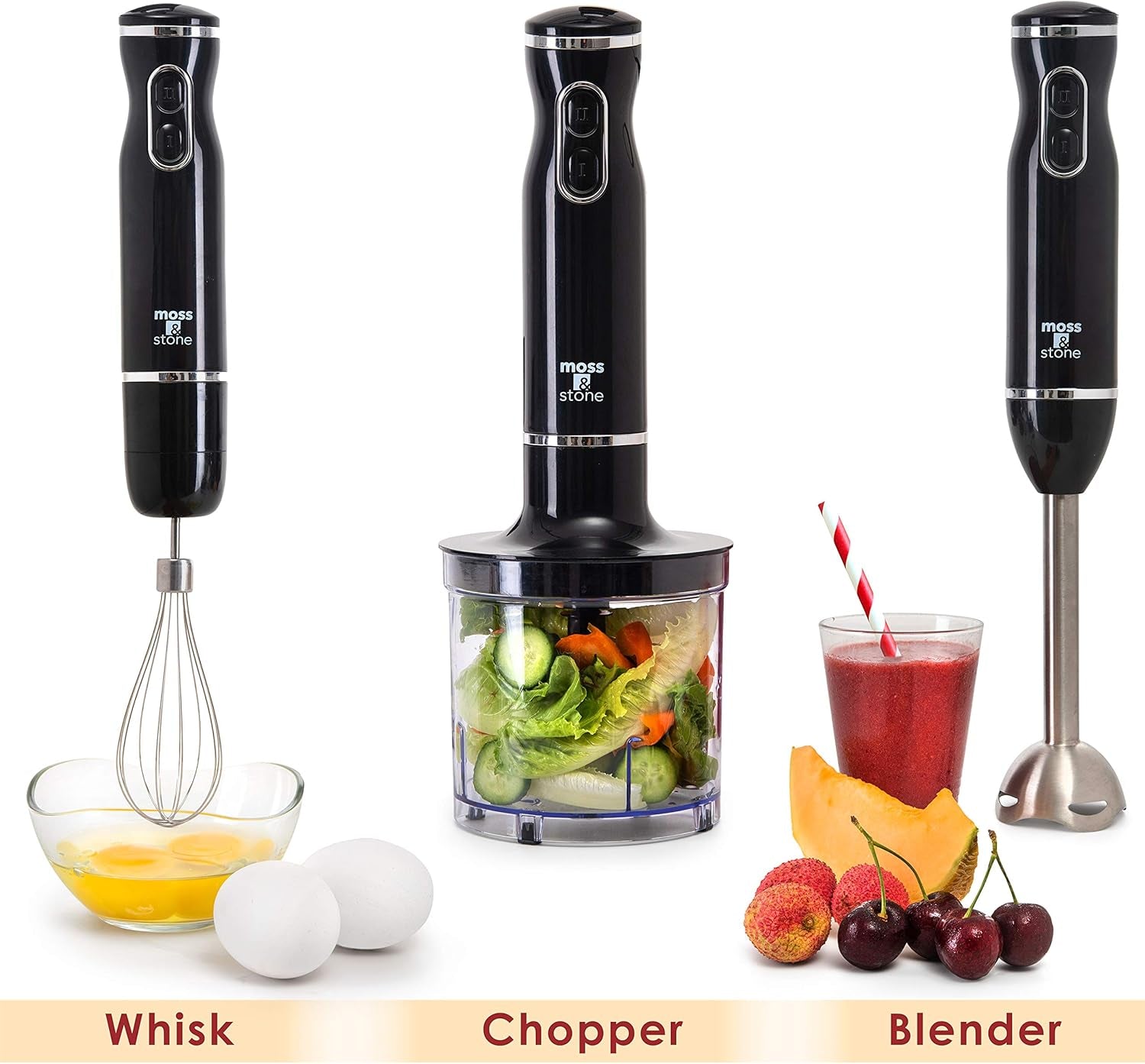 300W Hand Blender Set - Powerful Immersion Mixer with Egg Whisk & Chopper, Ergonomic Black Design, Stainless Steel Blades