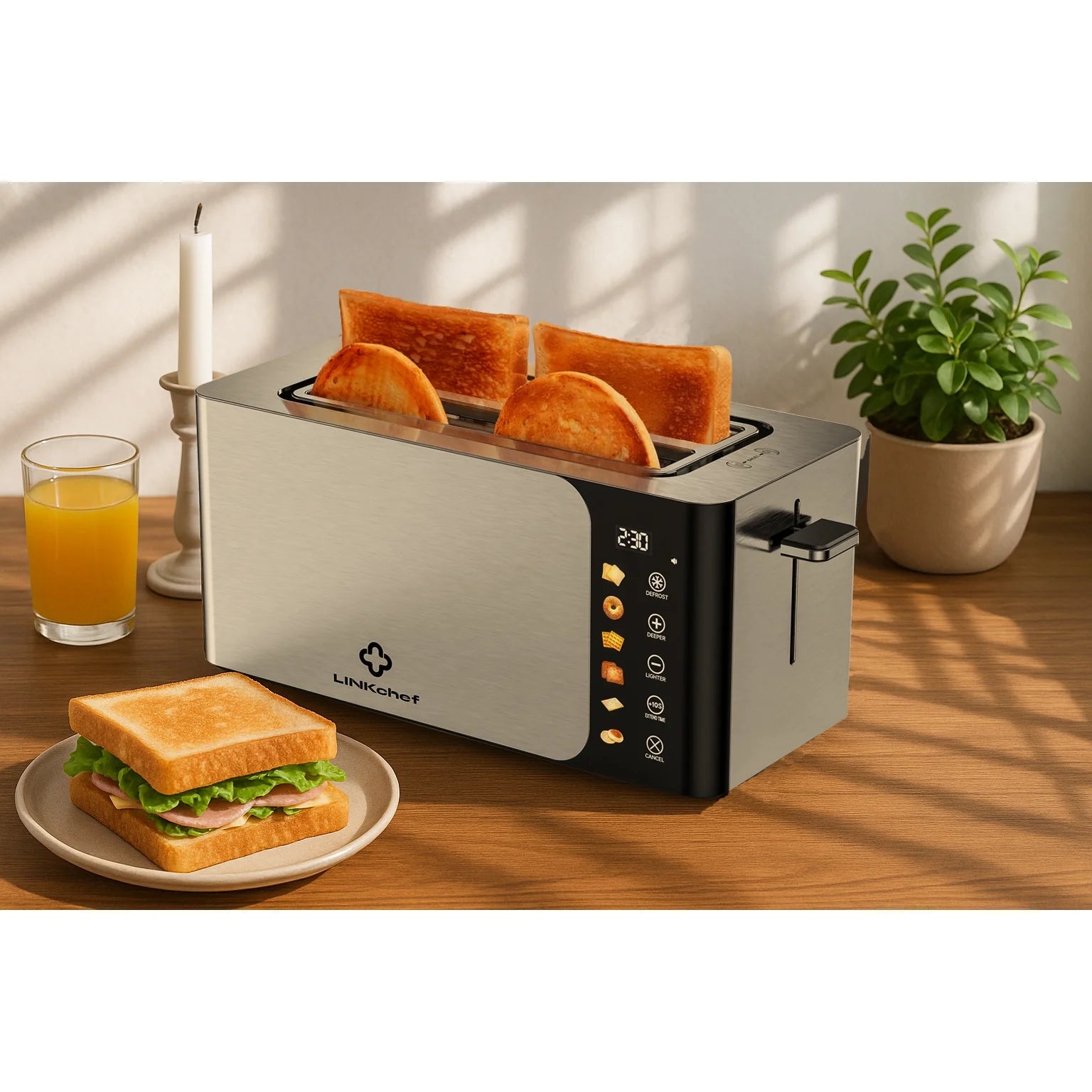Smart 4-Slice Toaster – Touch Screen Control, Extra-Wide Slots, Stainless Steel with Timer, Defrost & Reheat Functions