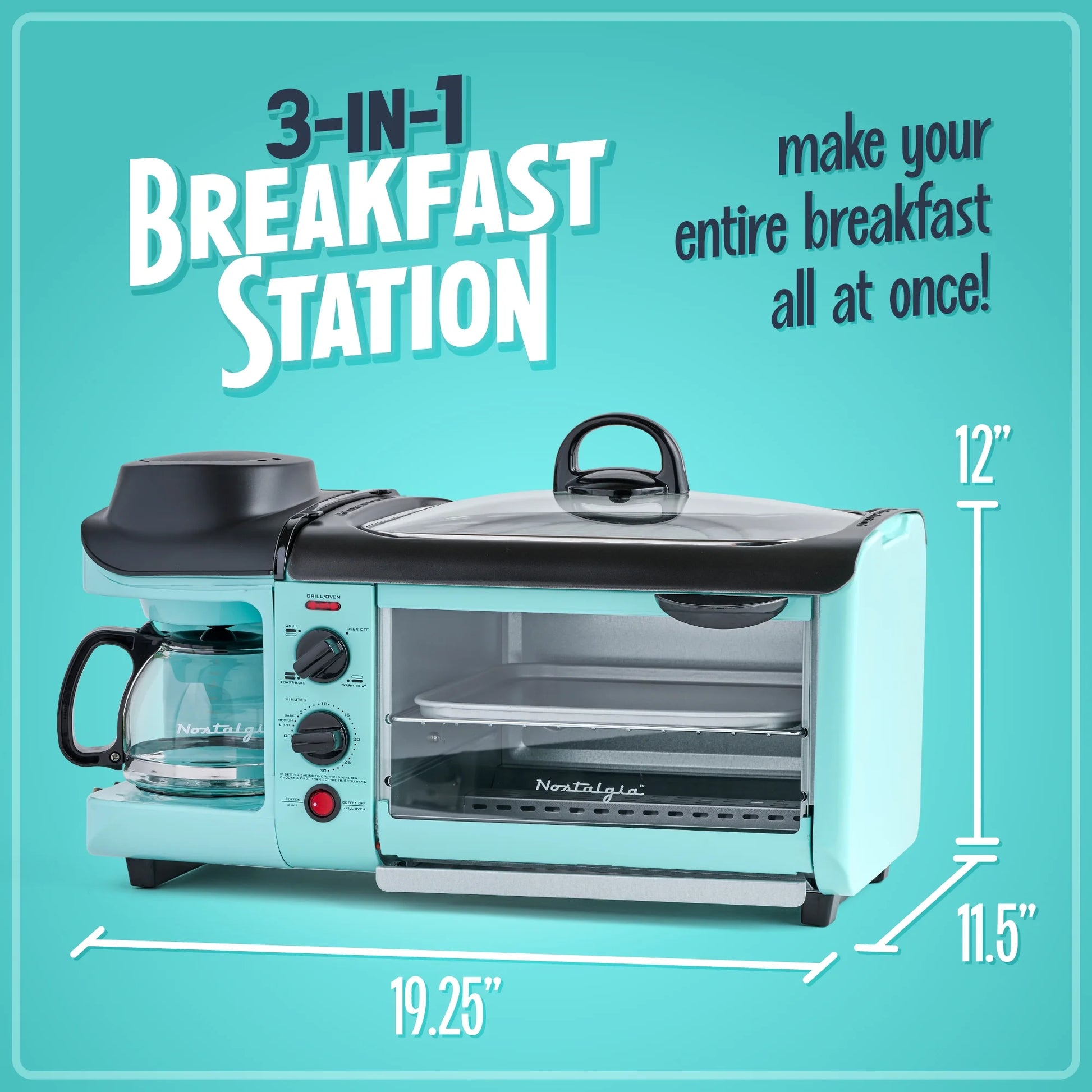 Retro 3-In-1 Breakfast Station, Coffeemaker, Griddle, Toaster Oven, Aqua