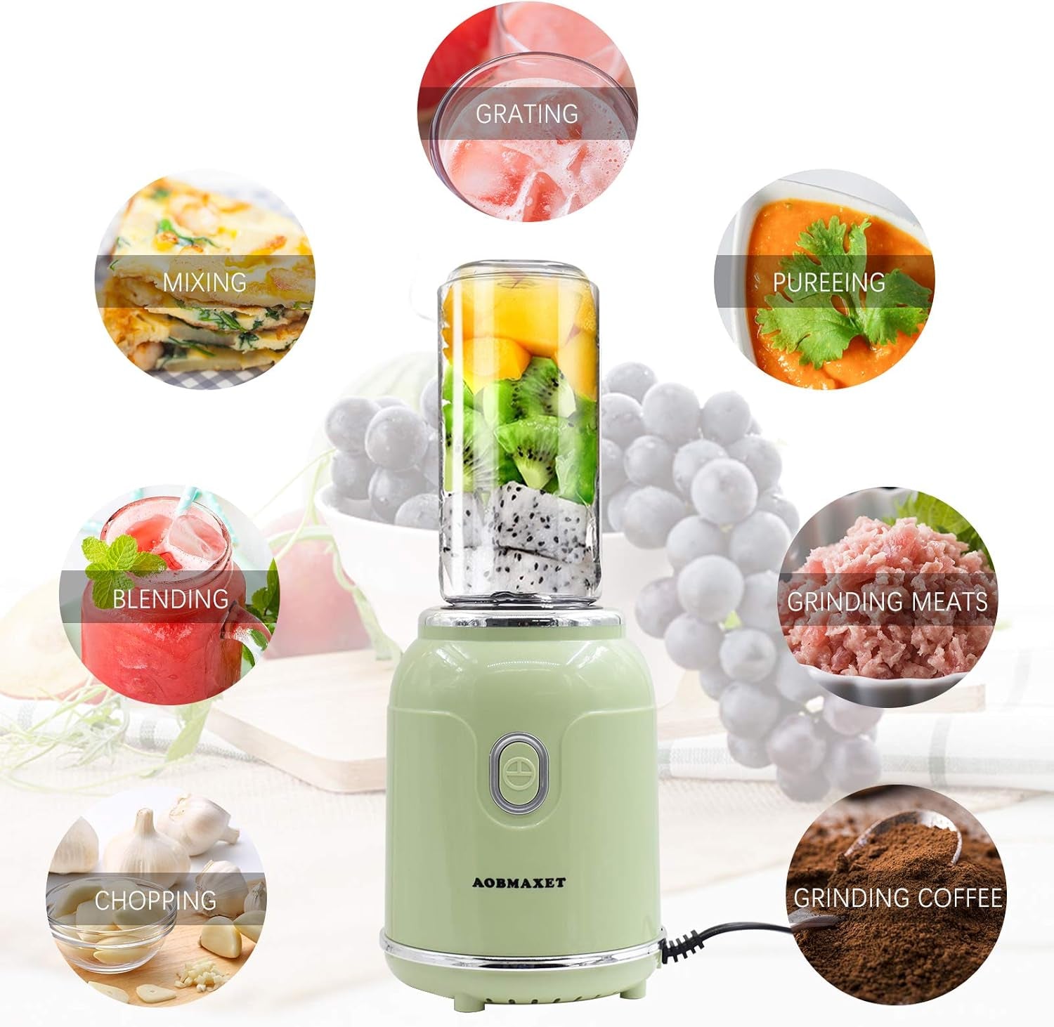 Versatile 300W Smoothie Blender & Coffee Grinder with Recipe Book - Portable 18/20 Oz Cups & Dual Stainless Steel Blades for Shakes, Spices, Fruits & Beans - Green
