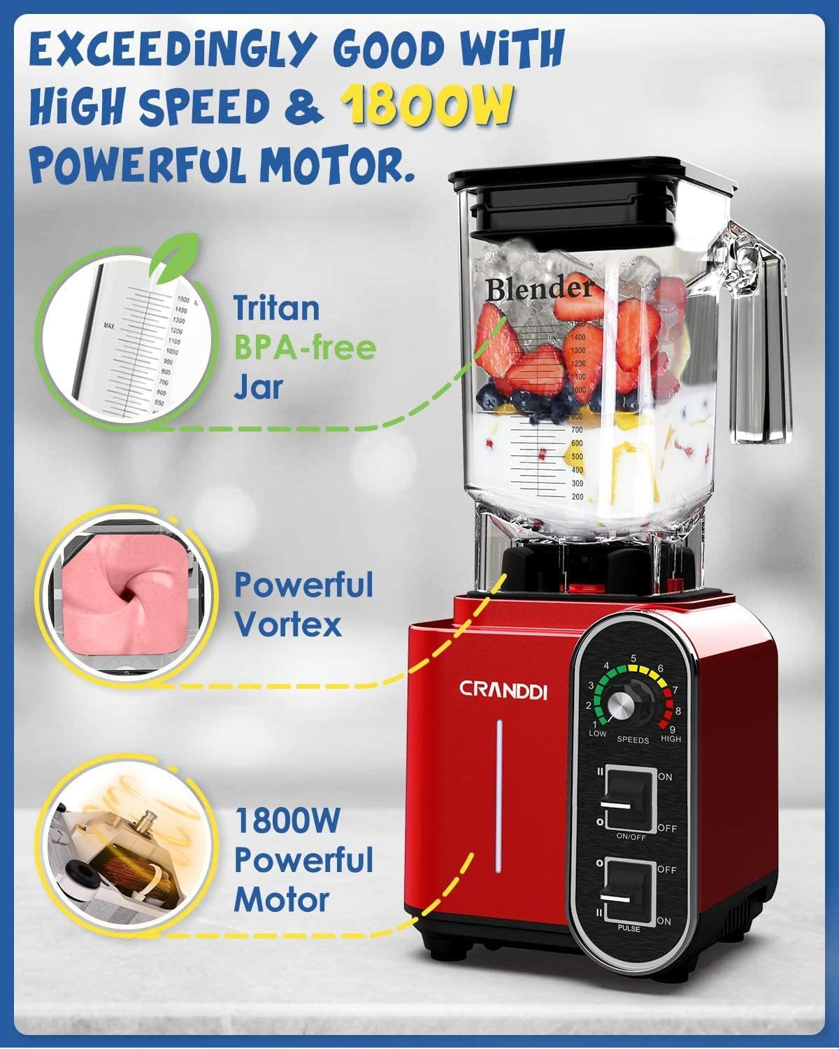 1800W Commercial Smoothie Blender - 52Oz Capacity, Stainless Steel Blade, 9 Speed Settings, Self-Cleaning & Built-In Pulse - K98C Red