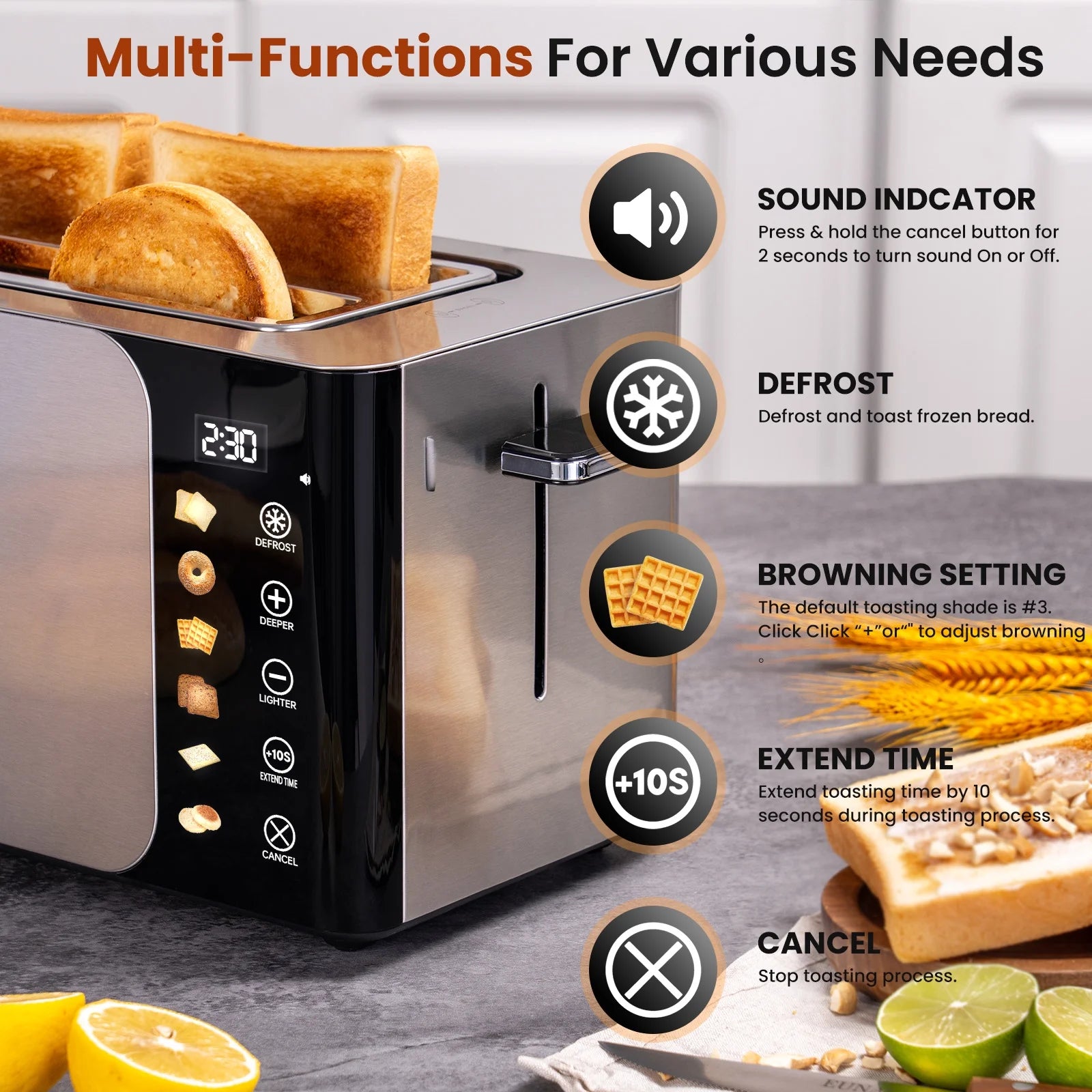 Smart 4-Slice Toaster – Touch Screen Control, Extra-Wide Slots, Stainless Steel with Timer, Defrost & Reheat Functions