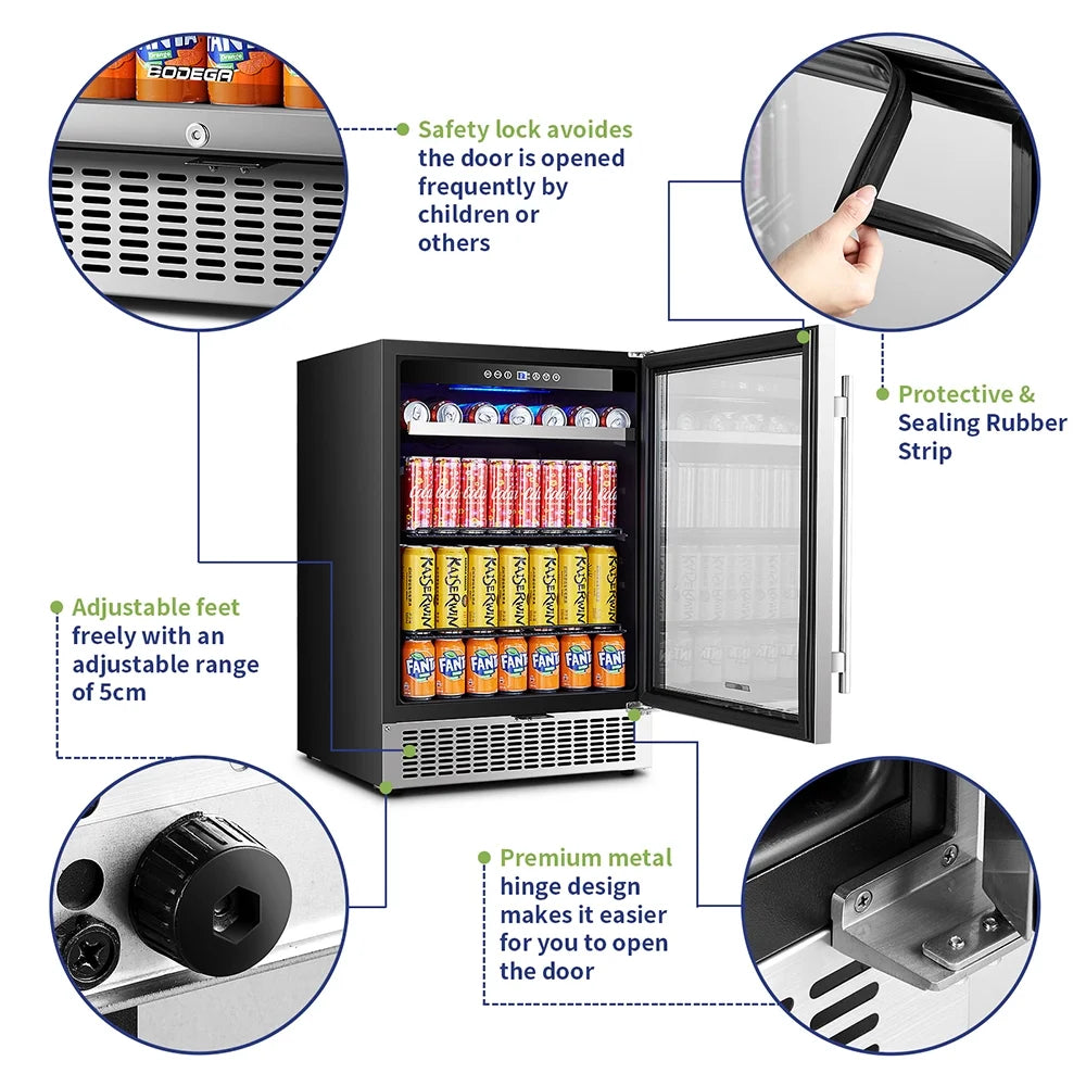 24" Beverage Refrigerator - 180 Can Capacity, Built-In & Freestanding, Touch Screen Control, Dual Layer Glass Door, Removable Shelves & Safety Lock for Beer, Soda & Water