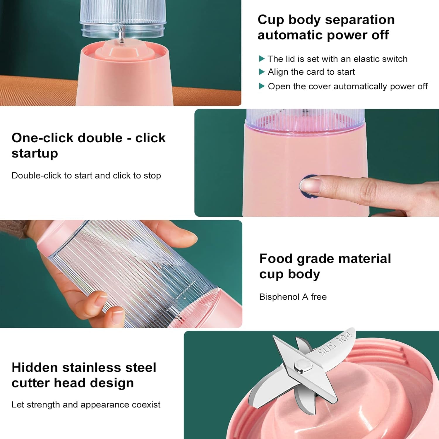 Pink Portable Blender - USB Rechargeable Smoothie Maker with 6 Blades, Perfect for Home, Travel, and Office – 11.8 Oz Personal Juicer Cup for Smoothies and Shakes