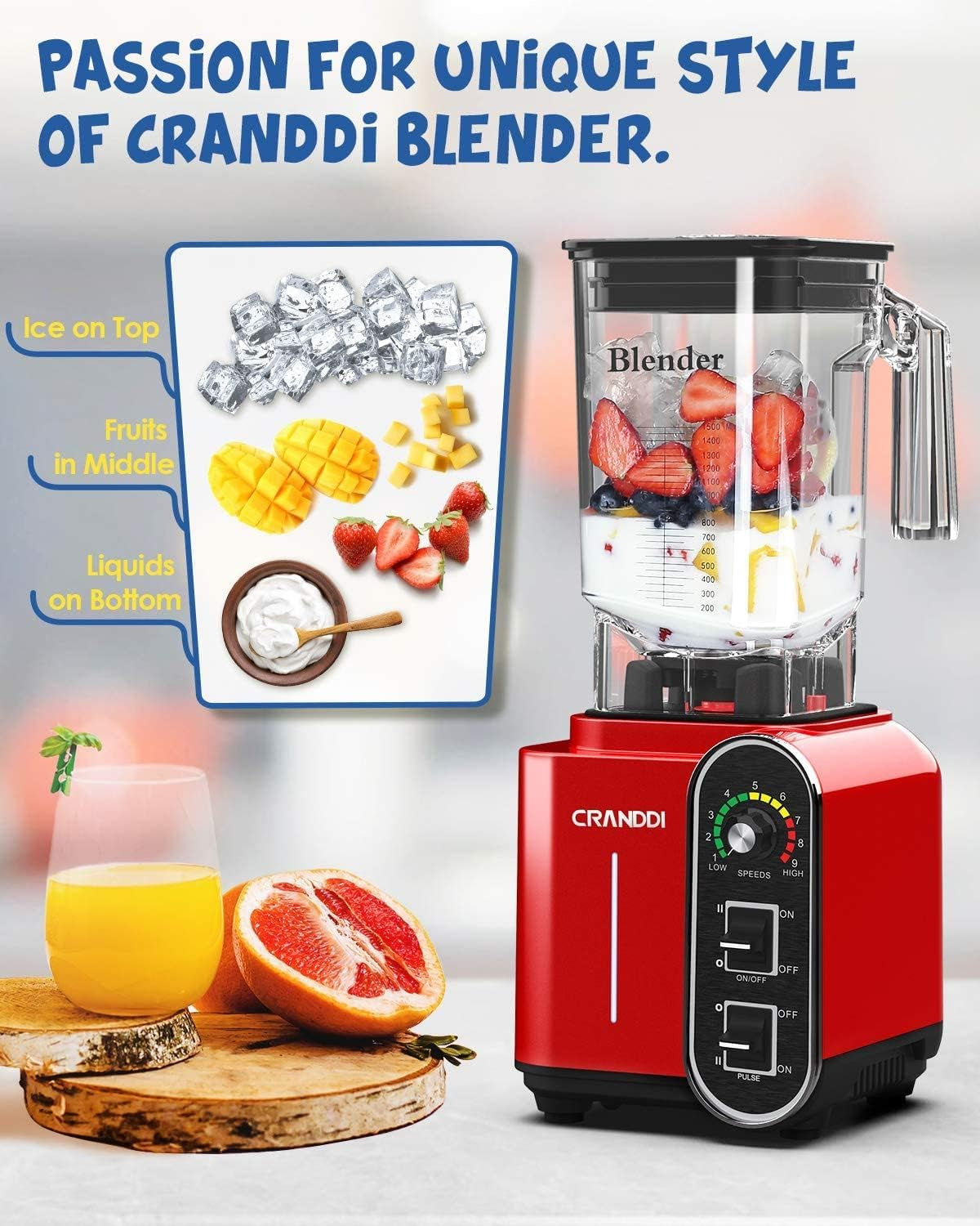 1800W Commercial Smoothie Blender - 52Oz Capacity, Stainless Steel Blade, 9 Speed Settings, Self-Cleaning & Built-In Pulse - K98C Red