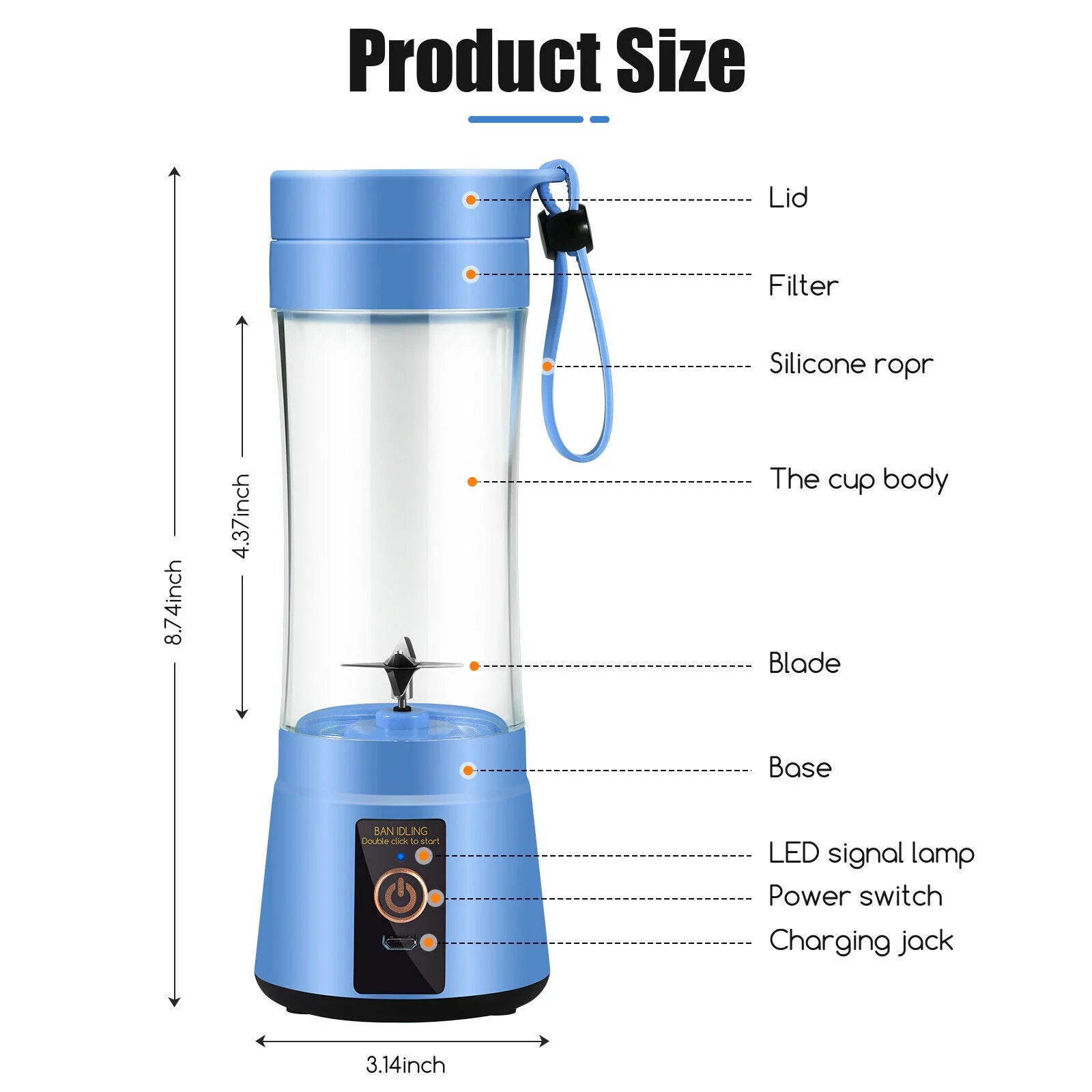 USB Rechargeable Portable Juicer - 350ML Fruit Smoothie & Juice Blender Cup in Blue