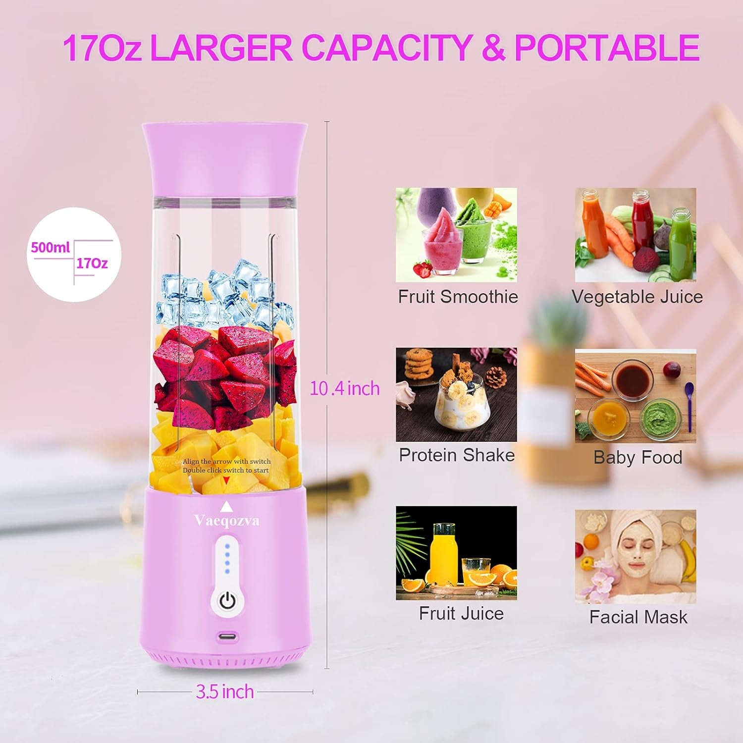 Chic Pink Portable USB Rechargeable Blender - 17 Oz Mini Juicer for Smoothies & Shakes, Perfect for Travel, Home, Office & Outdoors