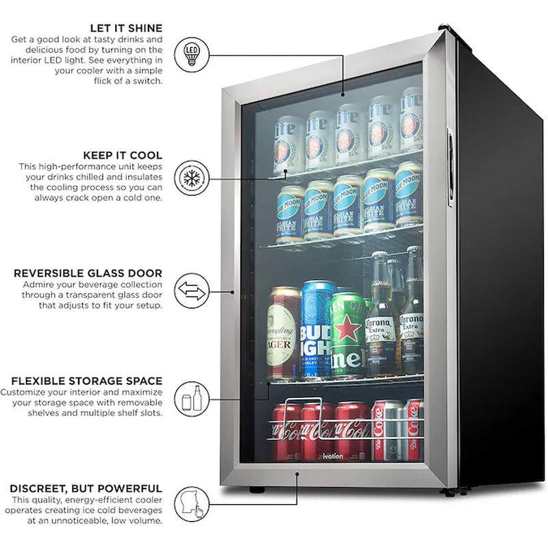 18.7-In W 126 -Can Capacity Stainless Steel Freestanding Indoor Beverage Refrigerator with Glass Door
