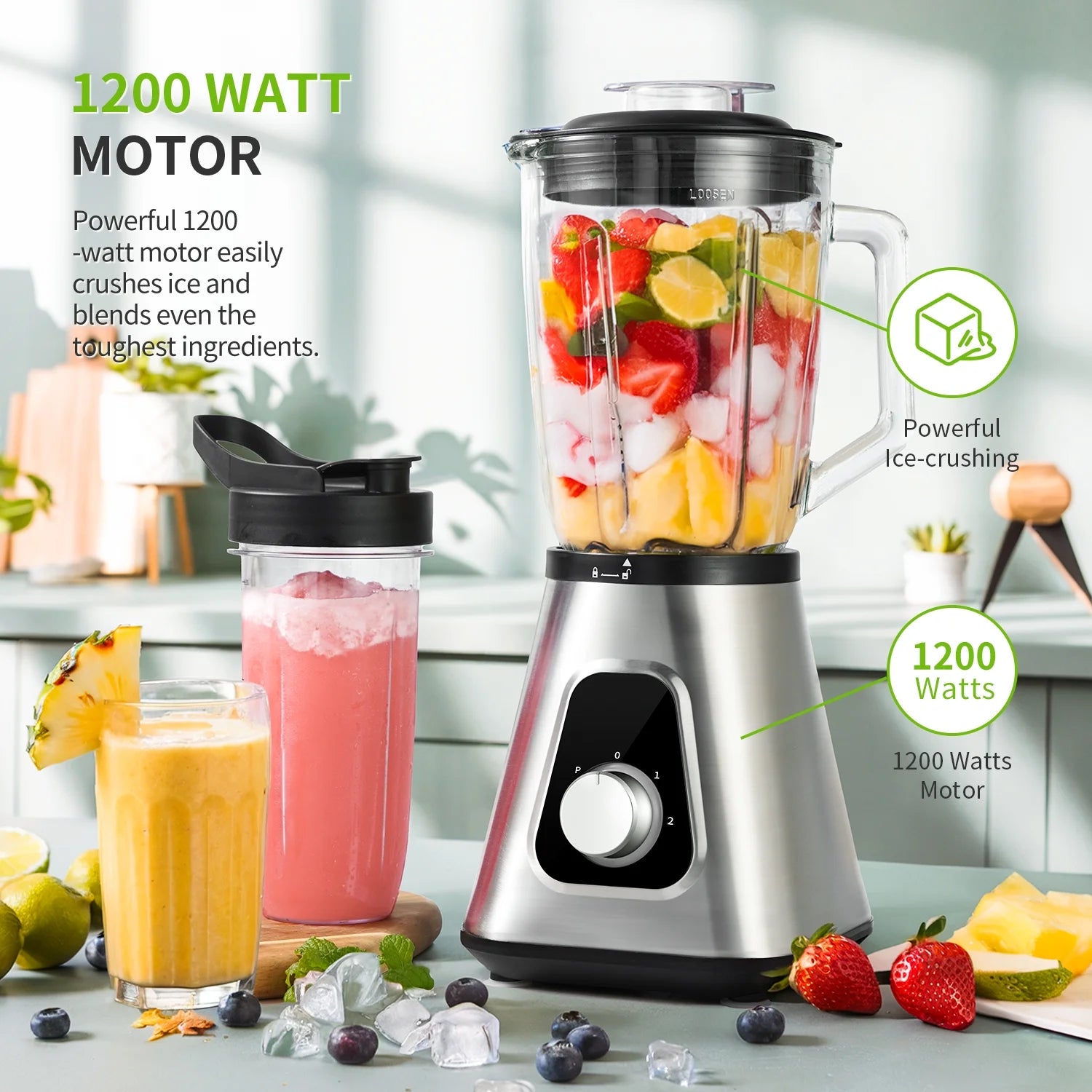 Powerful 1200W Smoothie Blender with 52 Oz Capacity & 22 Oz Juicer Cup - 3 Speed Settings for Perfect Shakes, Smoothies, and Sauces!