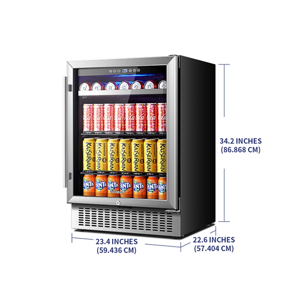 24" Beverage Refrigerator - 180 Can Capacity, Built-In & Freestanding, Touch Screen Control, Dual Layer Glass Door, Removable Shelves & Safety Lock for Beer, Soda & Water