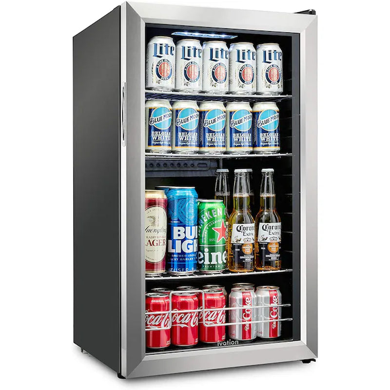 18.7-In W 126 -Can Capacity Stainless Steel Freestanding Indoor Beverage Refrigerator with Glass Door