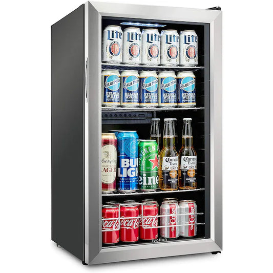 18.7-In W 126 -Can Capacity Stainless Steel Freestanding Indoor Beverage Refrigerator with Glass Door