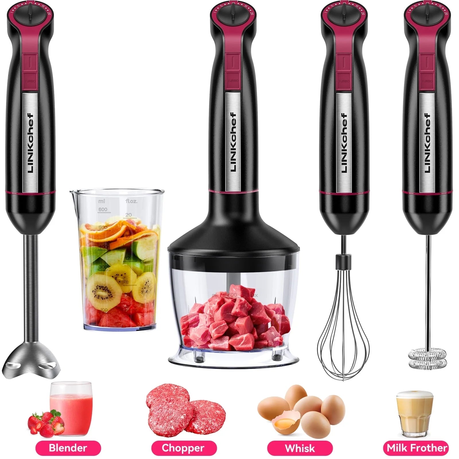 20-Speed 1000W Immersion Blender - 5-in-1 Hand Blender with Turbo Mode & Baby Food Processor, Includes 600ml Beaker (Black)