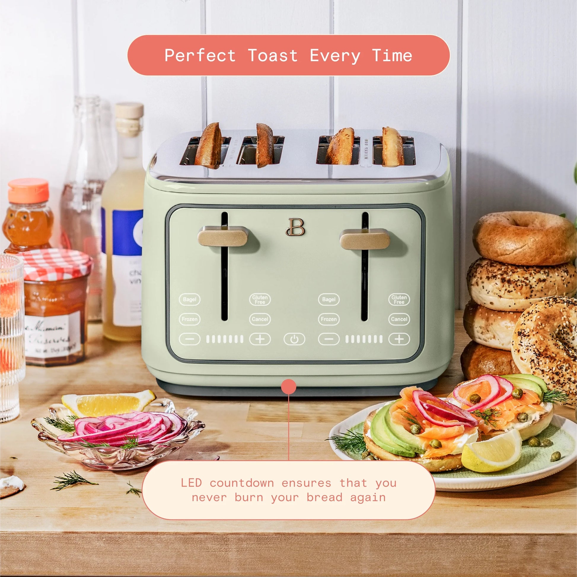 Sleek Sage Green 4-Slice Toaster with Touch-Activated Display by Drew Barrymore
