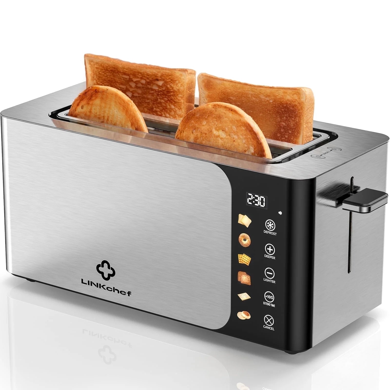 Smart 4-Slice Toaster – Touch Screen Control, Extra-Wide Slots, Stainless Steel with Timer, Defrost & Reheat Functions