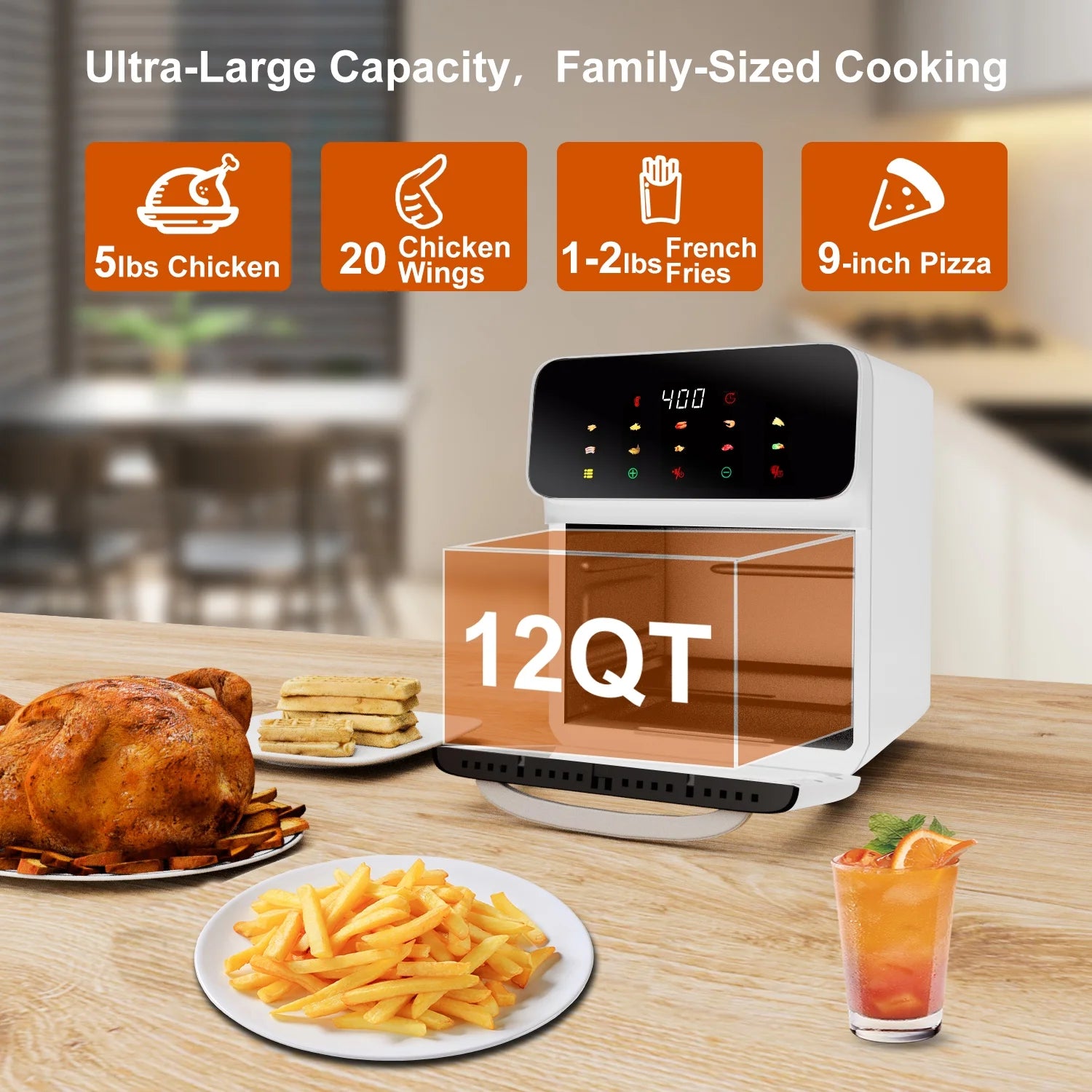 Air Fryer 12QT Convection Oven with 10-In-1 Multi Function, Visible Window and Touchscreen, White