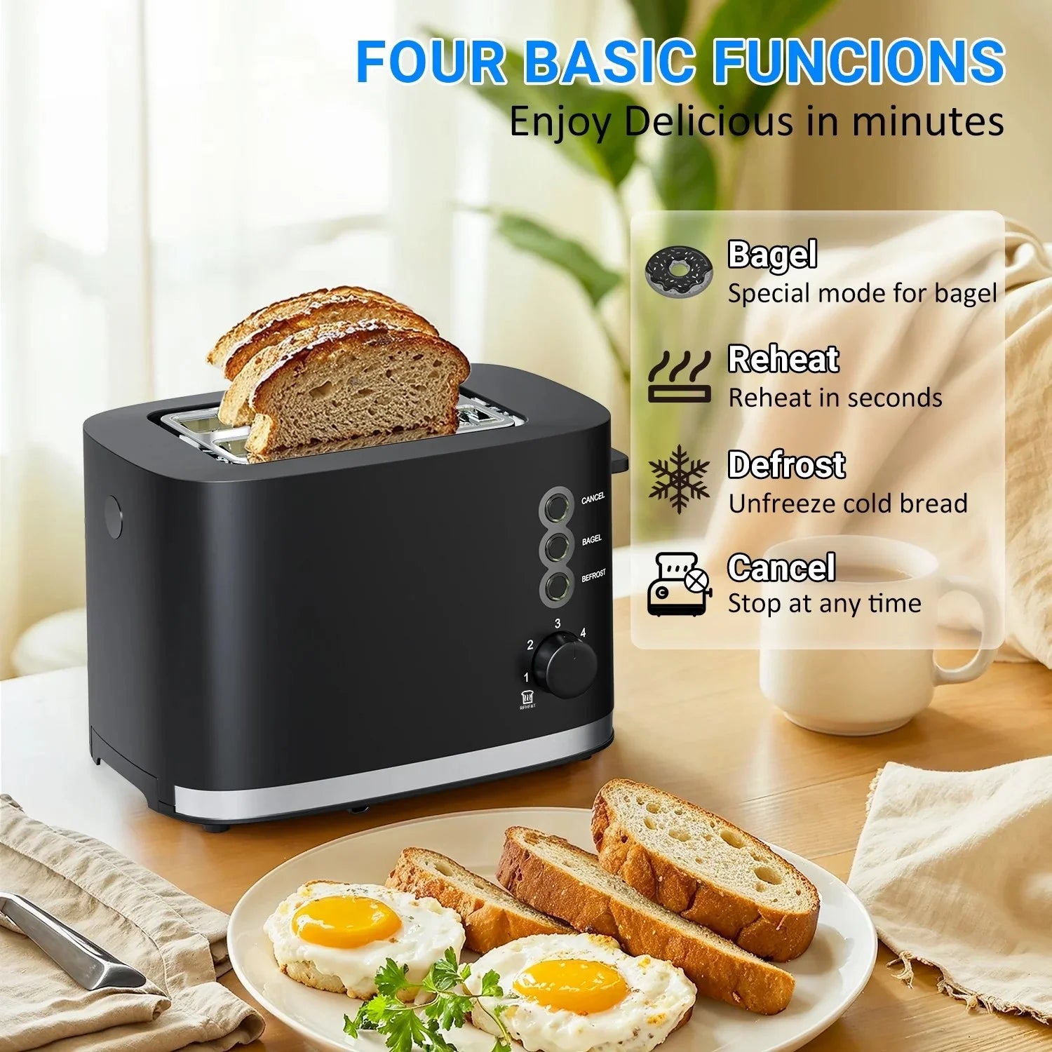 Wide Slot 2 Slice Toaster: Bread Toaster with Removable Crumb Tray, 6 Bread Shade Settings, Auto-Shutoff, Cord Storage under Base, Black, 2PCS