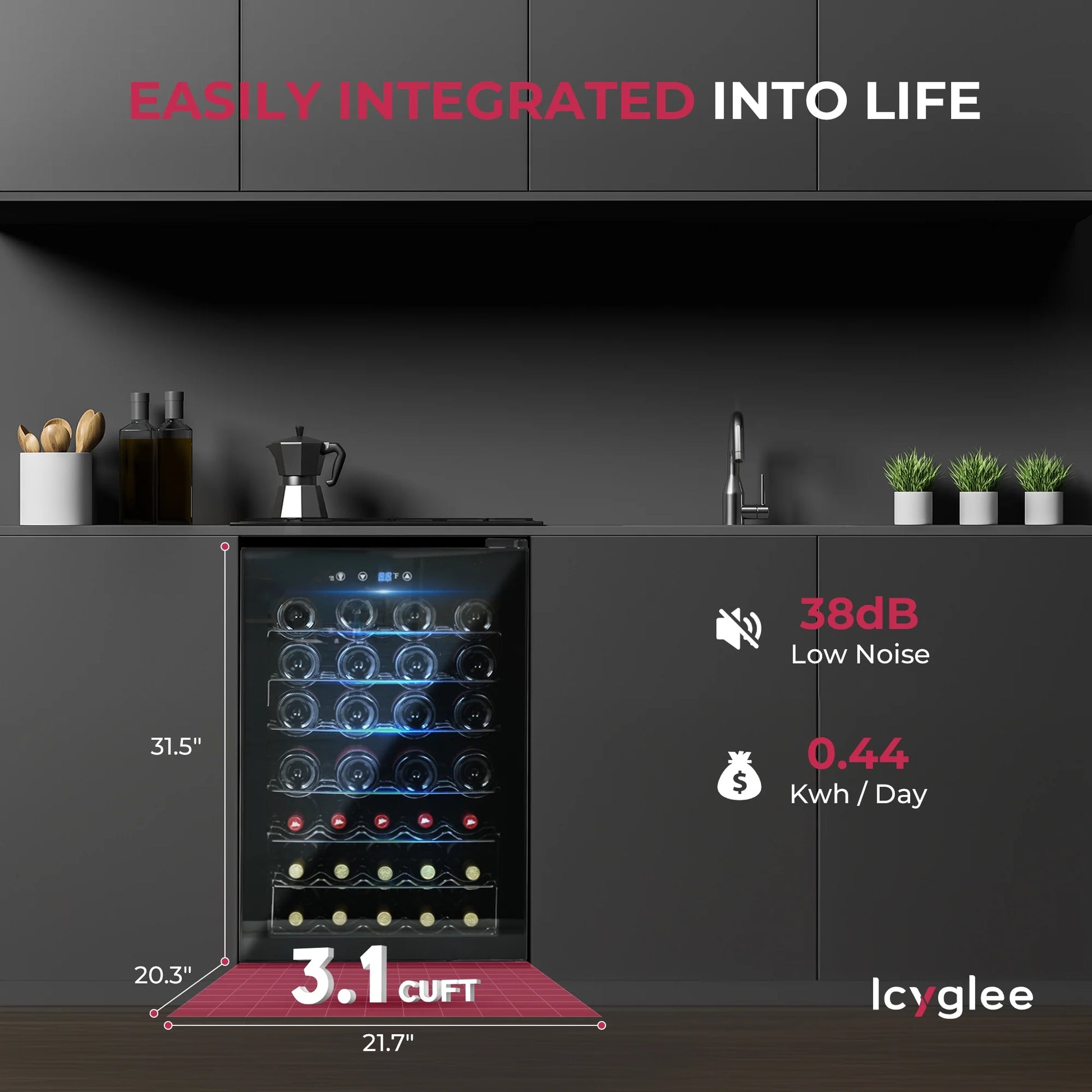 44-Bottle Wine Cooler - Stylish Mini Fridge with Glass Door & Adjustable Temperature for Wines, Beers, and Drinks - Blue LED Interior Lighting