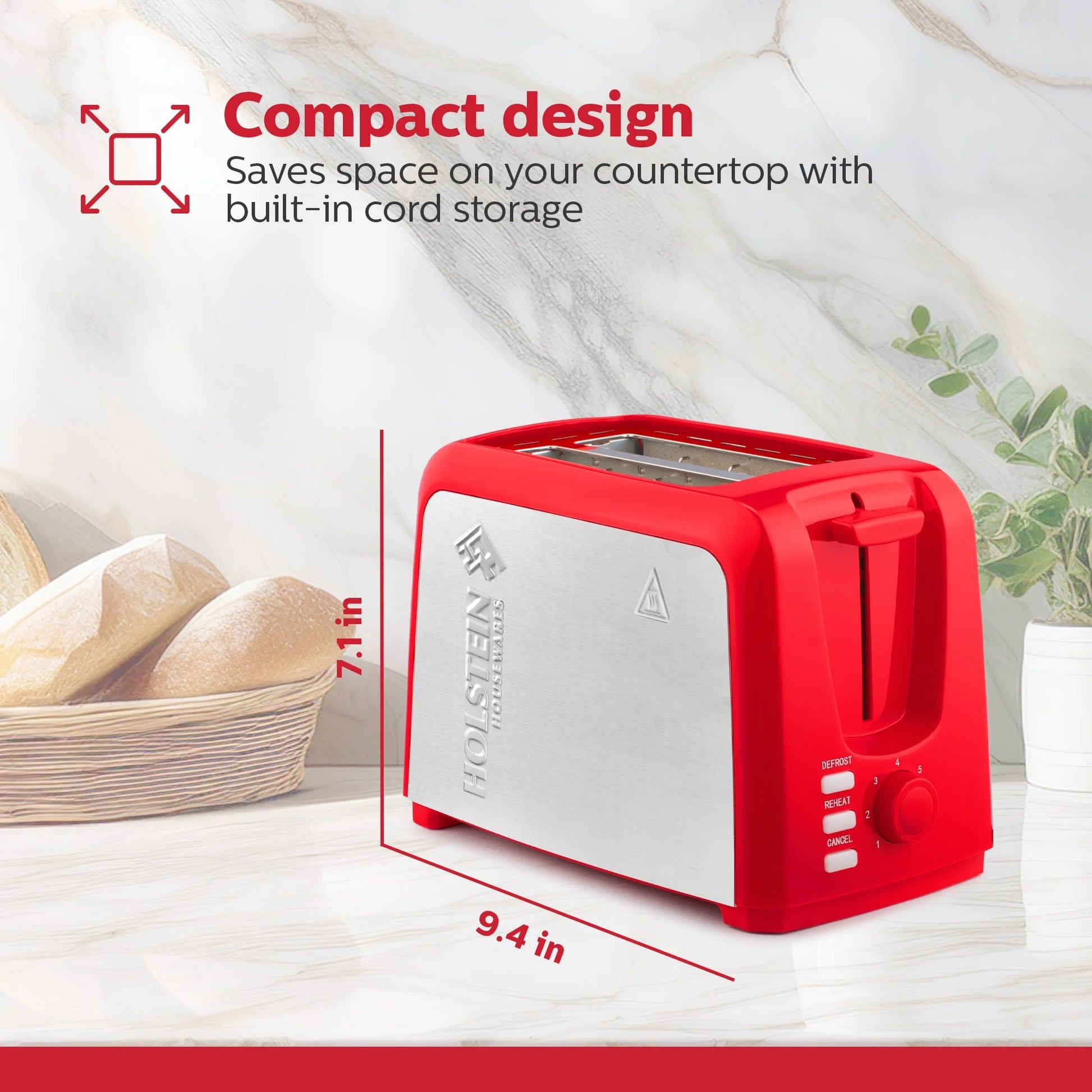 Stylish Red 2-Slice Toaster with Defrost & Reheat Functions