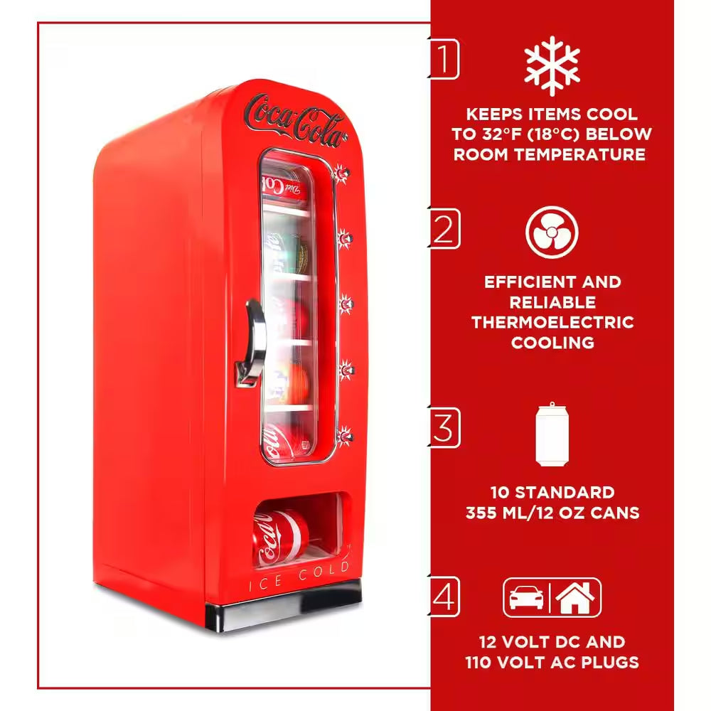 Retro Vending Machine Mini Fridge12V DC 110V AC, 10 Can Cooler with Push-Button Vending Action
