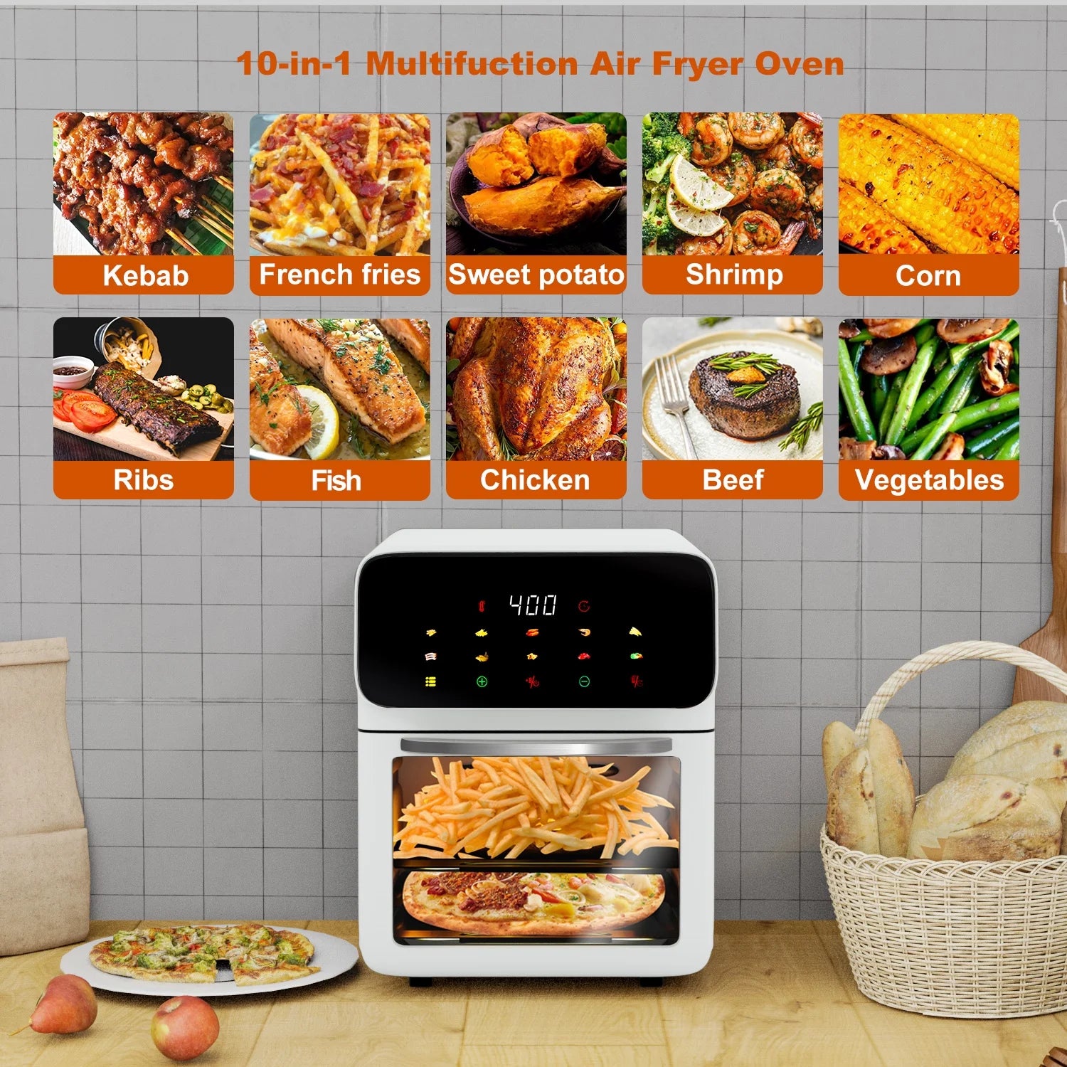 Air Fryer 12QT Convection Oven with 10-In-1 Multi Function, Visible Window and Touchscreen, White