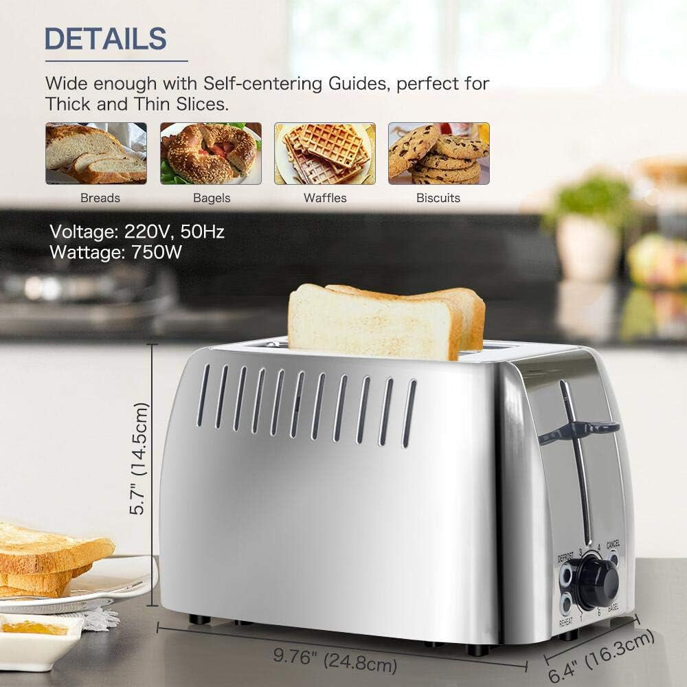 Stainless Steel 2-Slice Toaster with Extra Wide Slots - 6 Browning Settings & Multi-Function for Perfect Toasting of Bread, Bagels, and Waffles - 750W, Silver