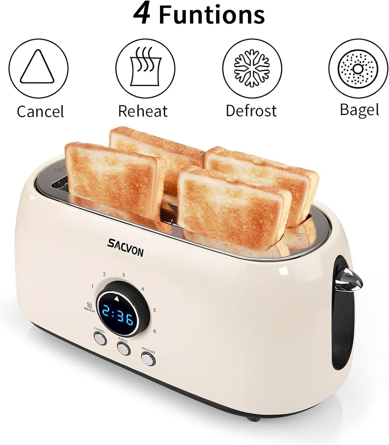 Toaster 4 Slice, Toaster 2 Long Slot,  Stainless Steel Toaster, Bagel, Defrost, Cancel, Reheat Function, Digital Timer, Removable Tray, 6 Shade Setting, Beige