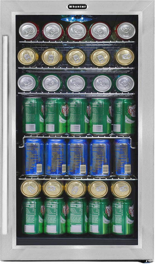 127-Can Stainless Steel Beverage Refrigerator with Double-Layer Glass Door - 3.1 Cu Ft Freestanding Mini Fridge