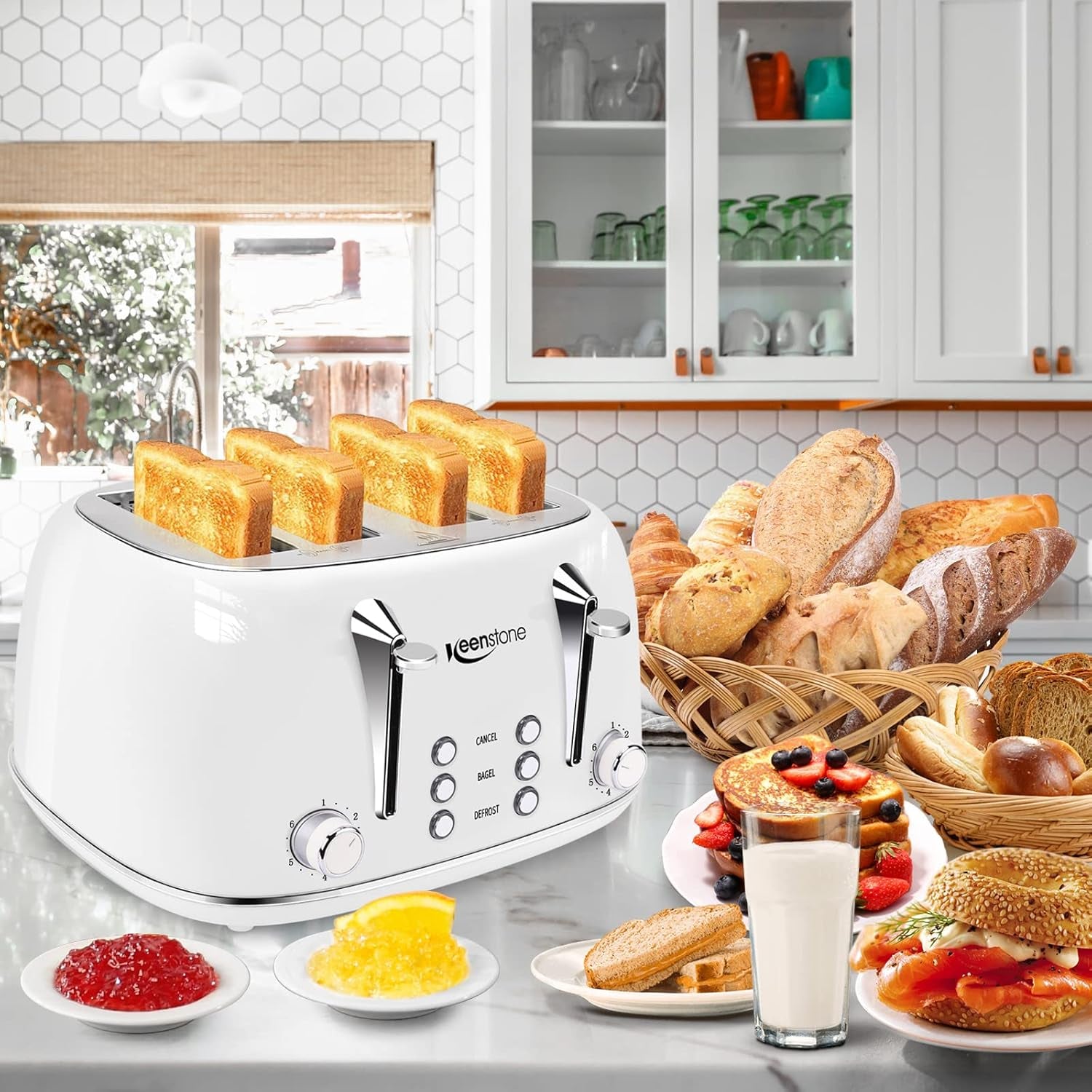 Toaster 4 Slice Stainless Steel Toaster with Bagel, Cancel, Defrost Function,  4 Slice Toaster with Removable Crumb Tray, 4 Extra Wide Slots, 6 Shade Settings, White