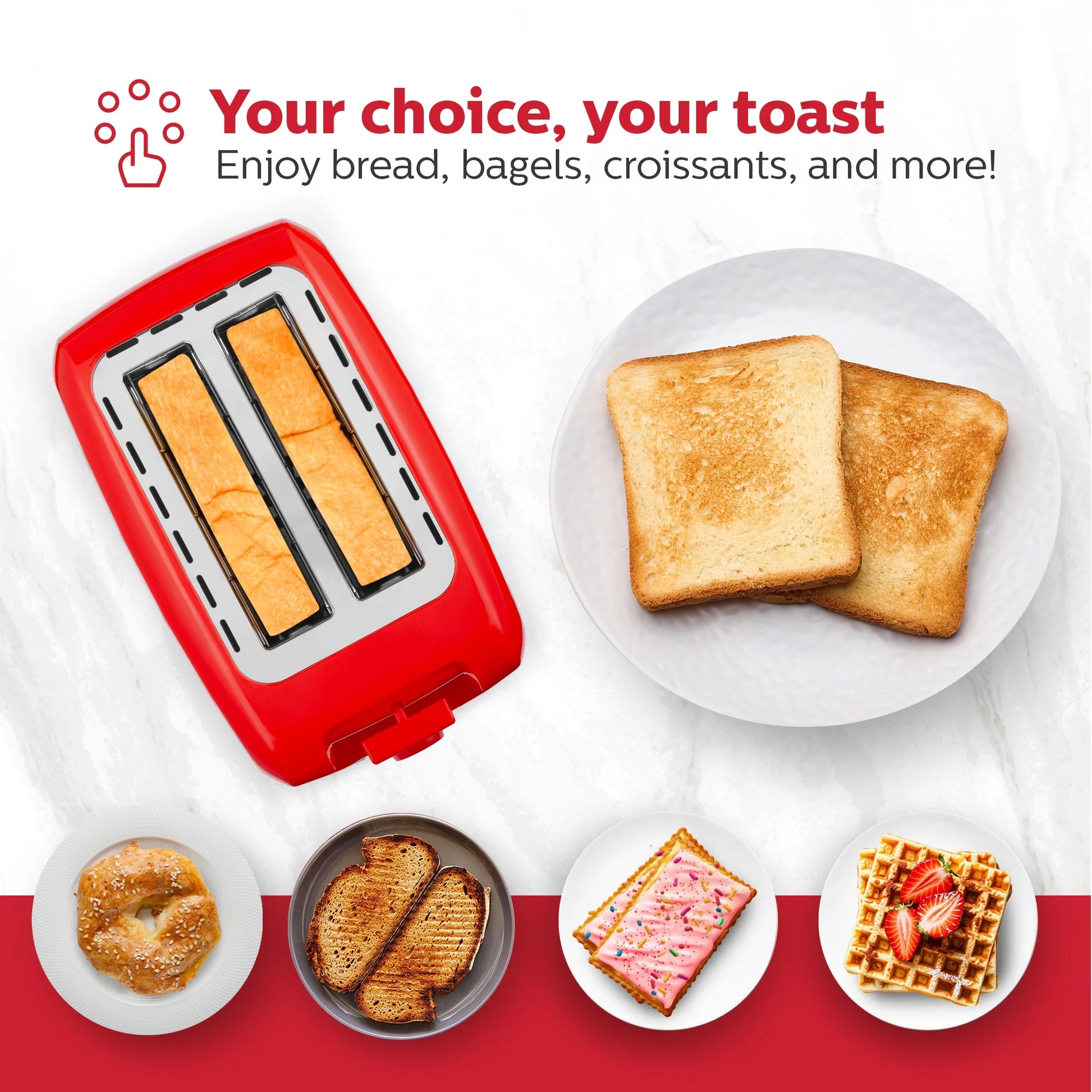 Stylish Red 2-Slice Toaster with Defrost & Reheat Functions