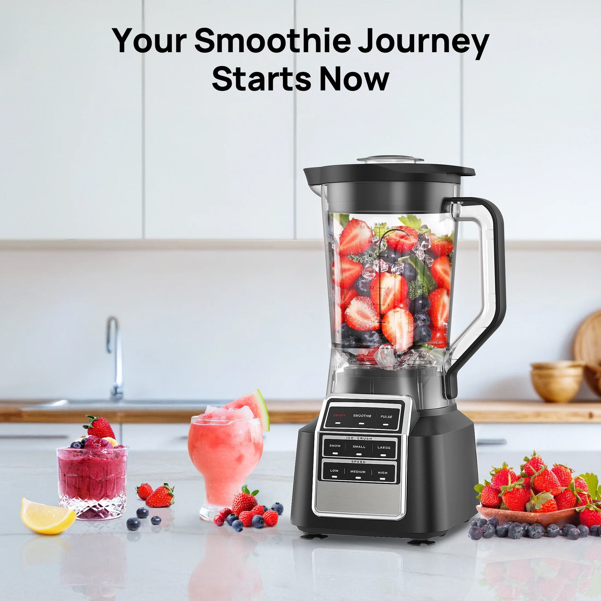 Powerful 1500W Smoothie Blender with 64oz BPA-Free Jar, 8 Smart Programs & Recipe Book - Perfect for Shakes, Ice & Frozen Fruit!