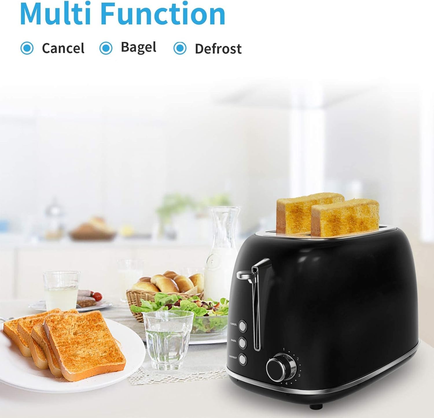 2 Slice Toaster,  Extra Wide Slot Toaster, Retro Bagel Toaster with 6 Bread Shade Settings, Defrost/Bagel/Cancel Function, Removable Crumb Tray, Stainless Steel Toaster, Black