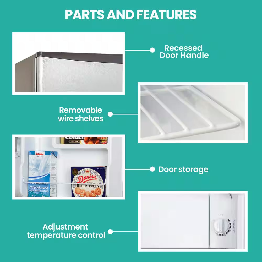 Stainless Steel Compact Fridge with Freezer, 1.6 Cu. Ft.. (44L), Flat Back, Reversible Door