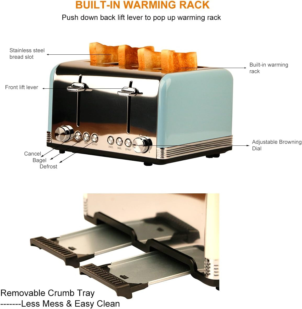 4-Slice Stainless Steel Toaster with Wide Slots & Removable Crumb Tray - Perfect for Bread & Bagels (Blue)