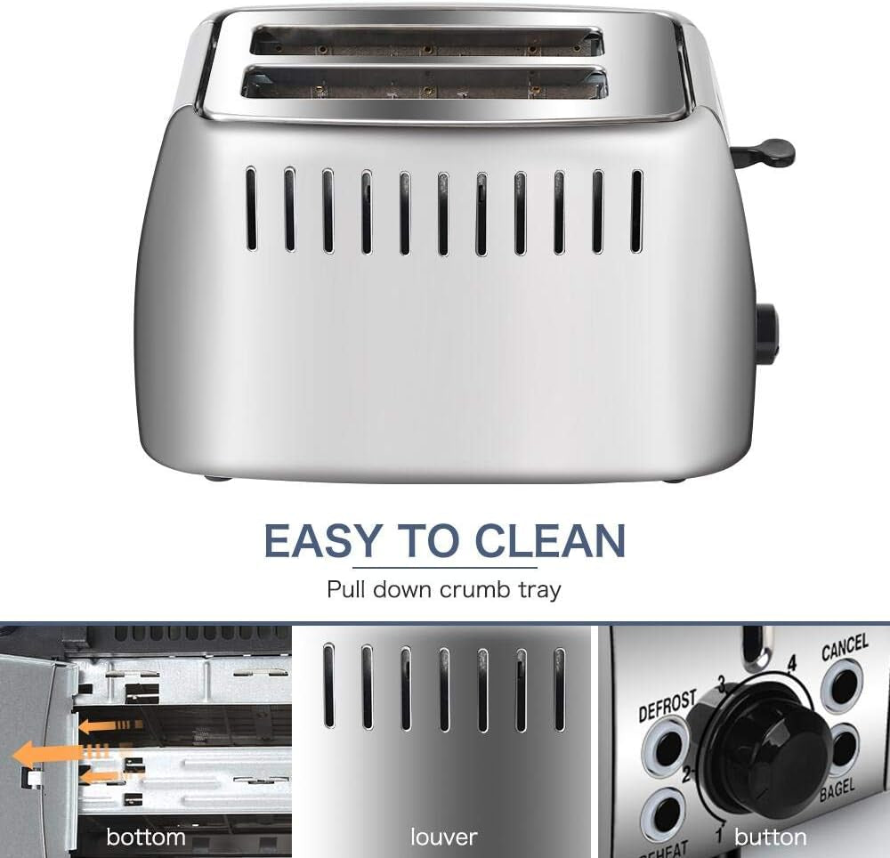 Stainless Steel 2-Slice Toaster with Extra Wide Slots - 6 Browning Settings & Multi-Function for Perfect Toasting of Bread, Bagels, and Waffles - 750W, Silver