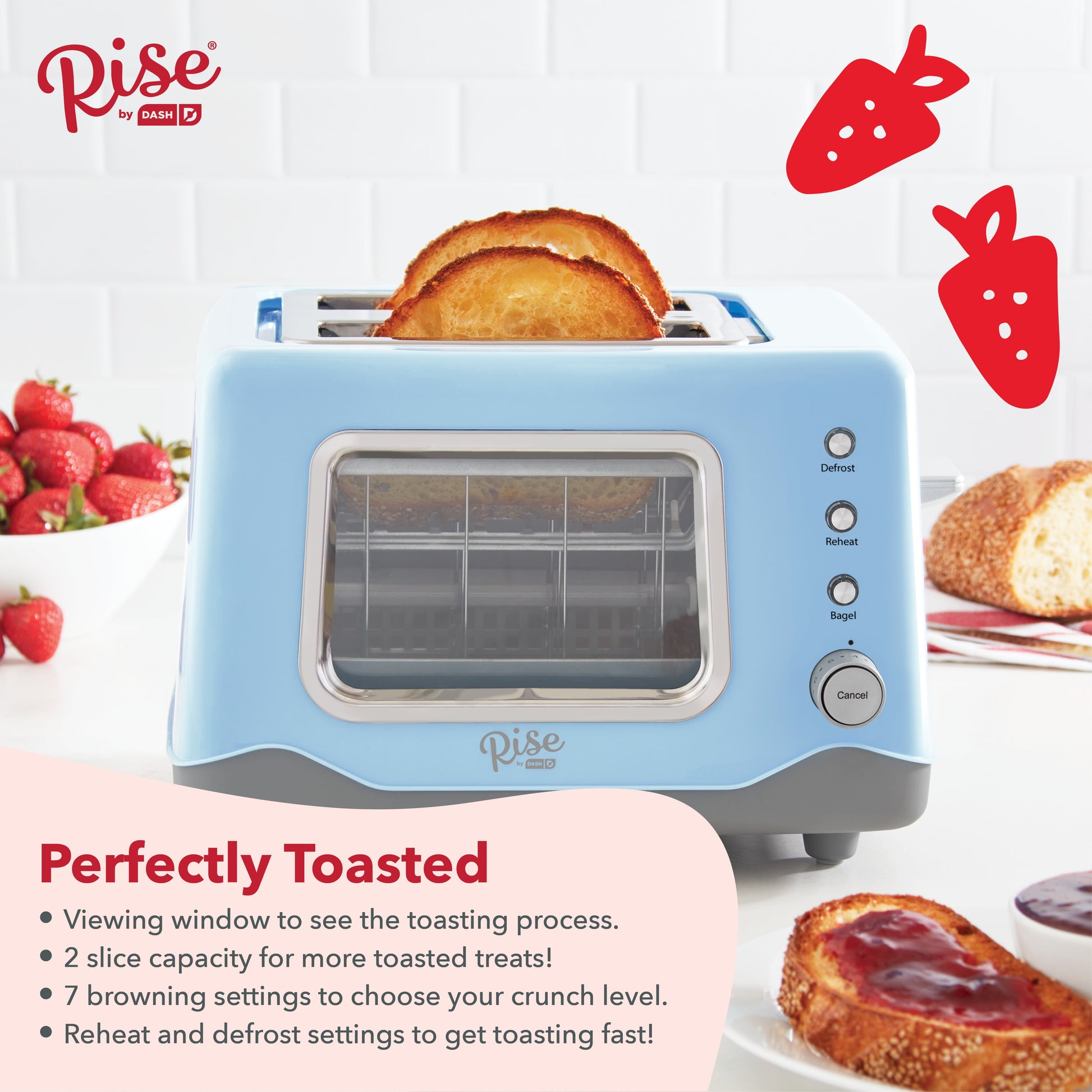 Dash Rise Clear View 2-Slice Toaster in Blue - Defrost, Reheat, Bagel Settings & Auto Shut Off