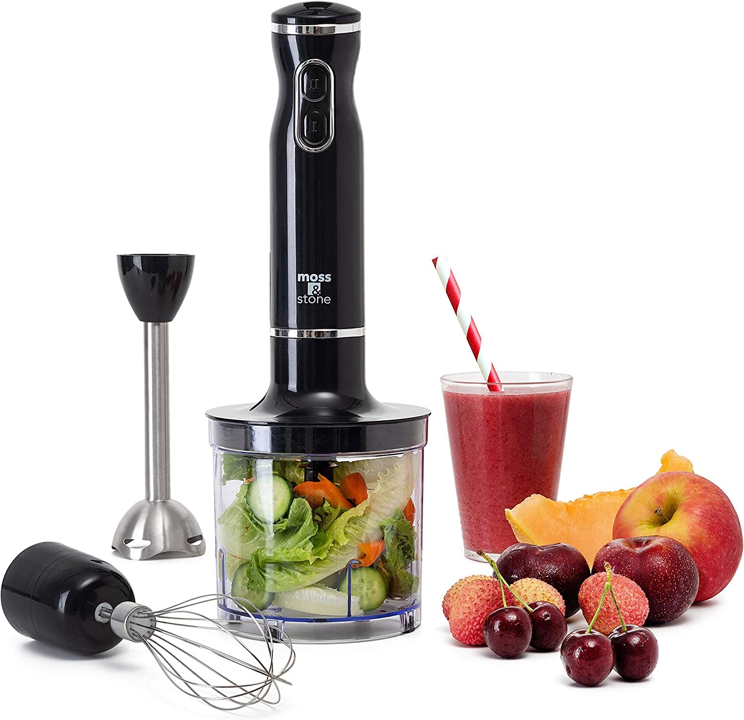 300W Hand Blender Set - Powerful Immersion Mixer with Egg Whisk & Chopper, Ergonomic Black Design, Stainless Steel Blades