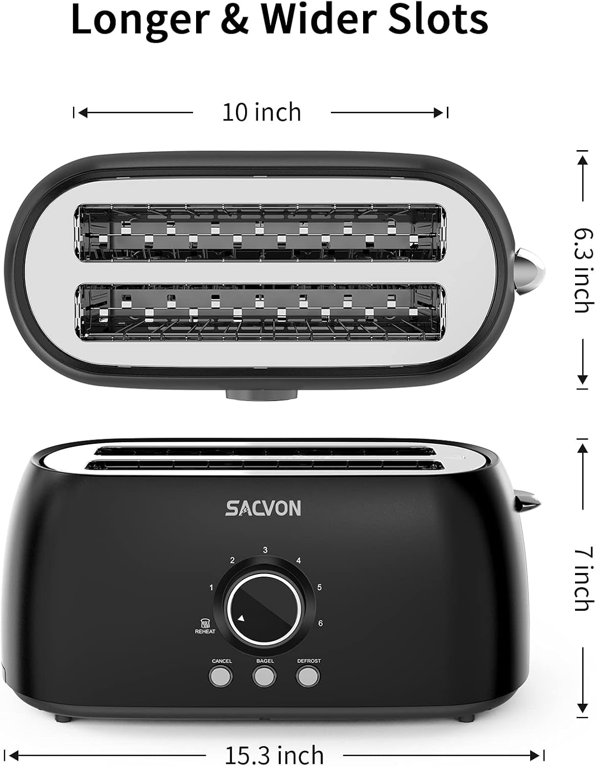 Toaster 4 Slice, Toaster 2 Long Slot,  Retro Black Toasters,Stainless Steel Toaster, Digital Timer,Bagel,Defrost,Reheat,Cancel Function,Removable Crumbs Tray, 6 Shade Settings, 1300W