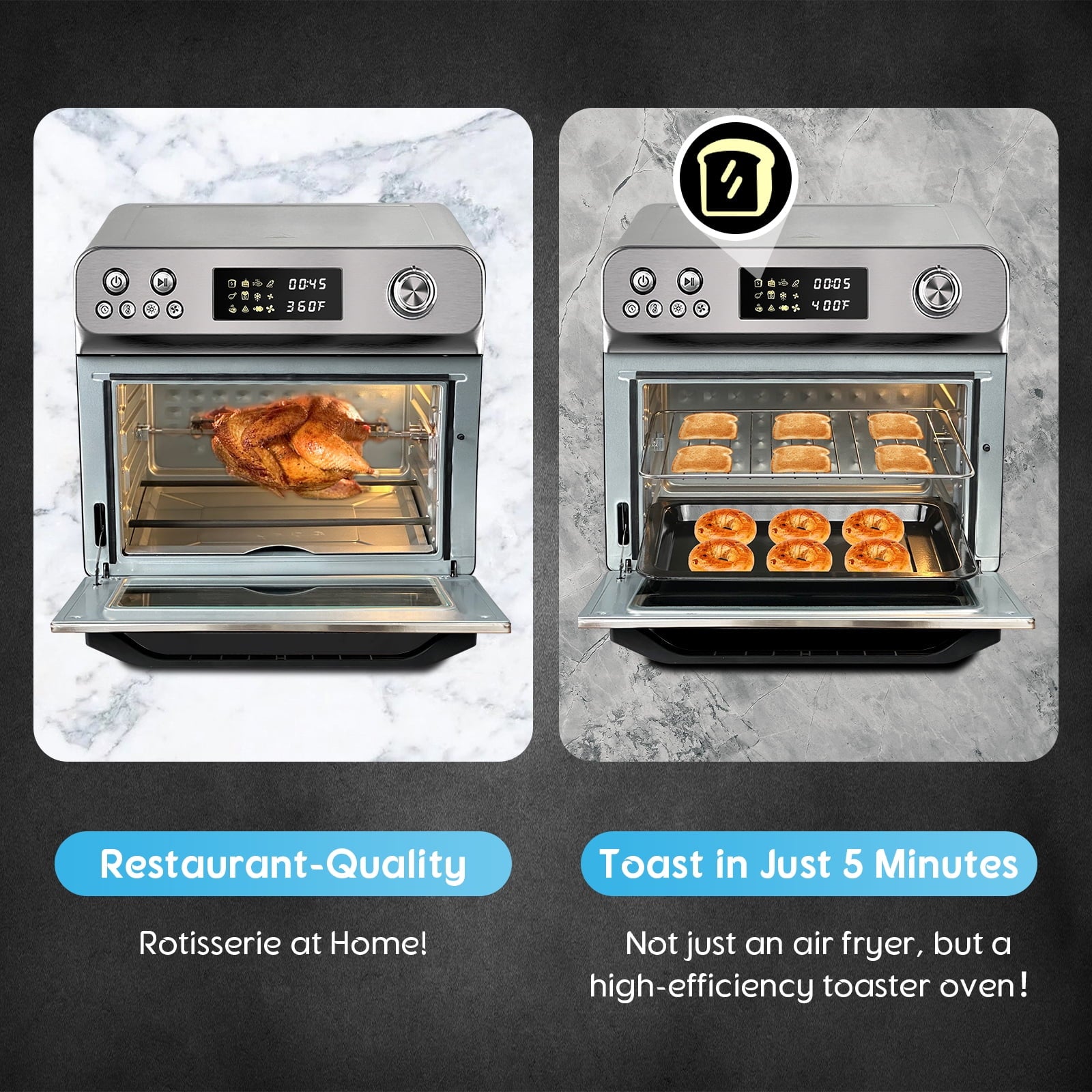 26QT Stainless Steel Air Fryer Oven with Rotisserie 1800W Air Fryer Toaster Oven,10 in 1 Countertop Oven