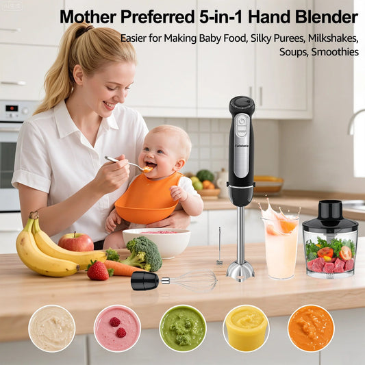 1100W 21-Speed Immersion Blender with Turbo Mode - Versatile 5-in-1 Hand Blender for Smoothies, Baby Food, Soups, and Purees - Sleek Black Design