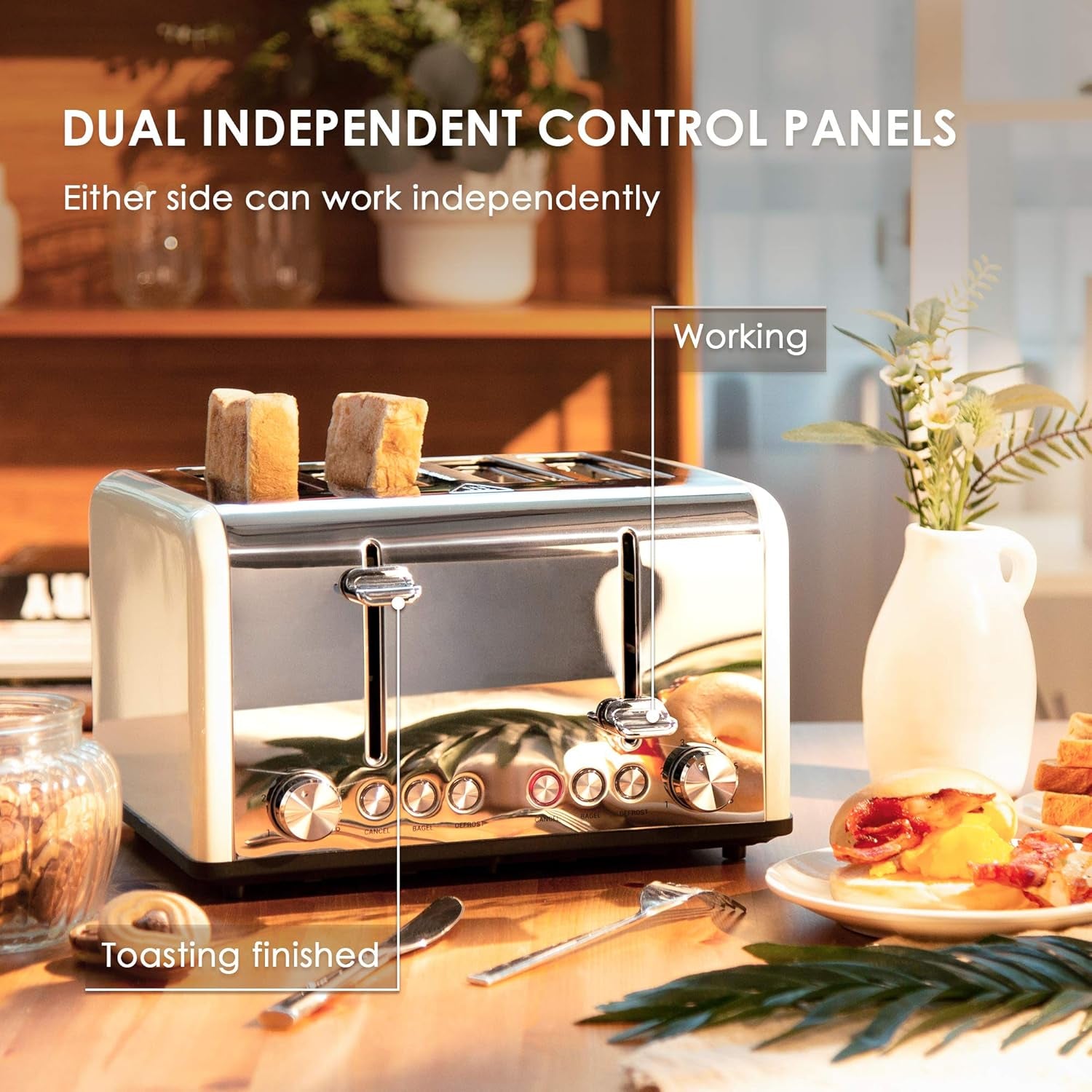 Retro 4-Slice Toaster - Stainless Steel, Extra Wide Slots, 6 Shade Settings, Bagel & Defrost Functions, 1650W, Cream