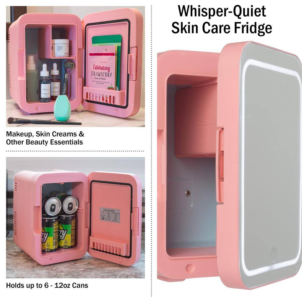 8.75 In. 0.15 Cu. Ft. Portable Beauty Makeup Skincare LED Mirror Mini Refrigerator in Pink